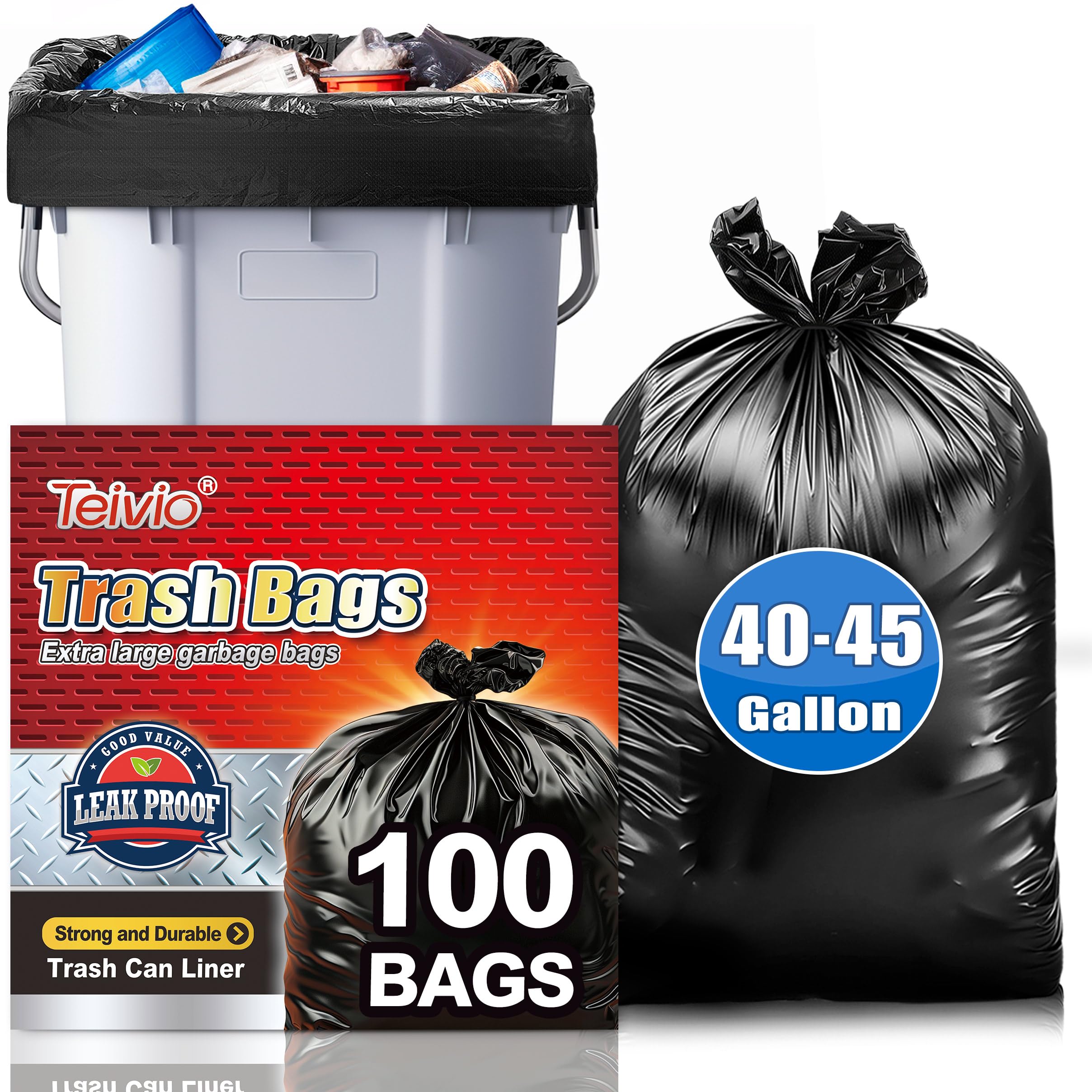 Teivio 40-45 Gallon Large Black Trash Bags
