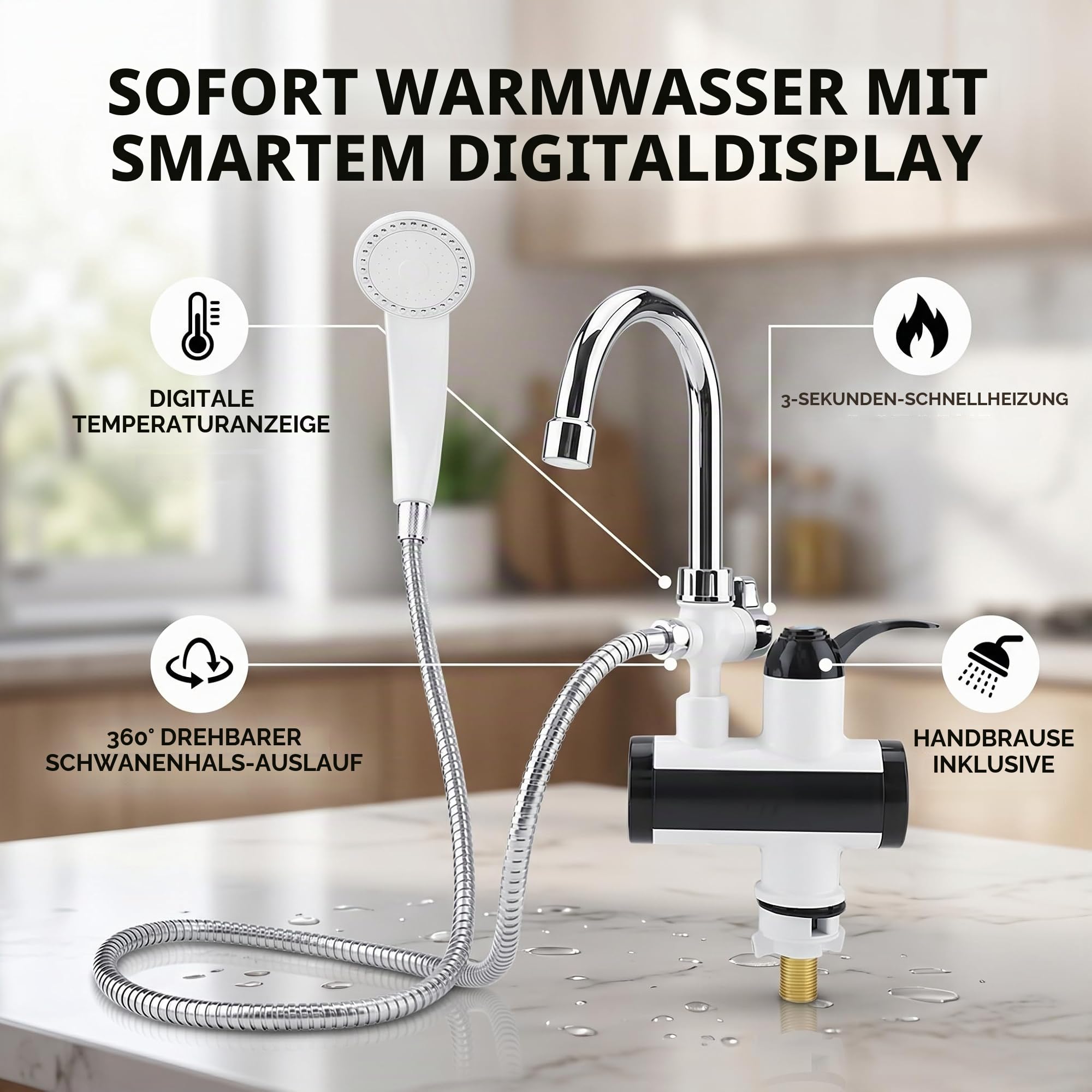Sofortiger Heiß- und Kaltwasserspender, Heizungshahn, Temperaturanzeige, 360° Drehbar, mit Duschkopf für Küche und Badezimmer (EU-Stecker)