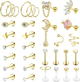 32PCS Cartilage Earrings Stud for Women Men Stainless Steel Cartilage Stud Hoop Tragus Earring CZ Butterfly Evil Eye Cartilage Piercing Jewelry Hypoallergenic Helix Daith Tragus Conch Piercing Jewelry