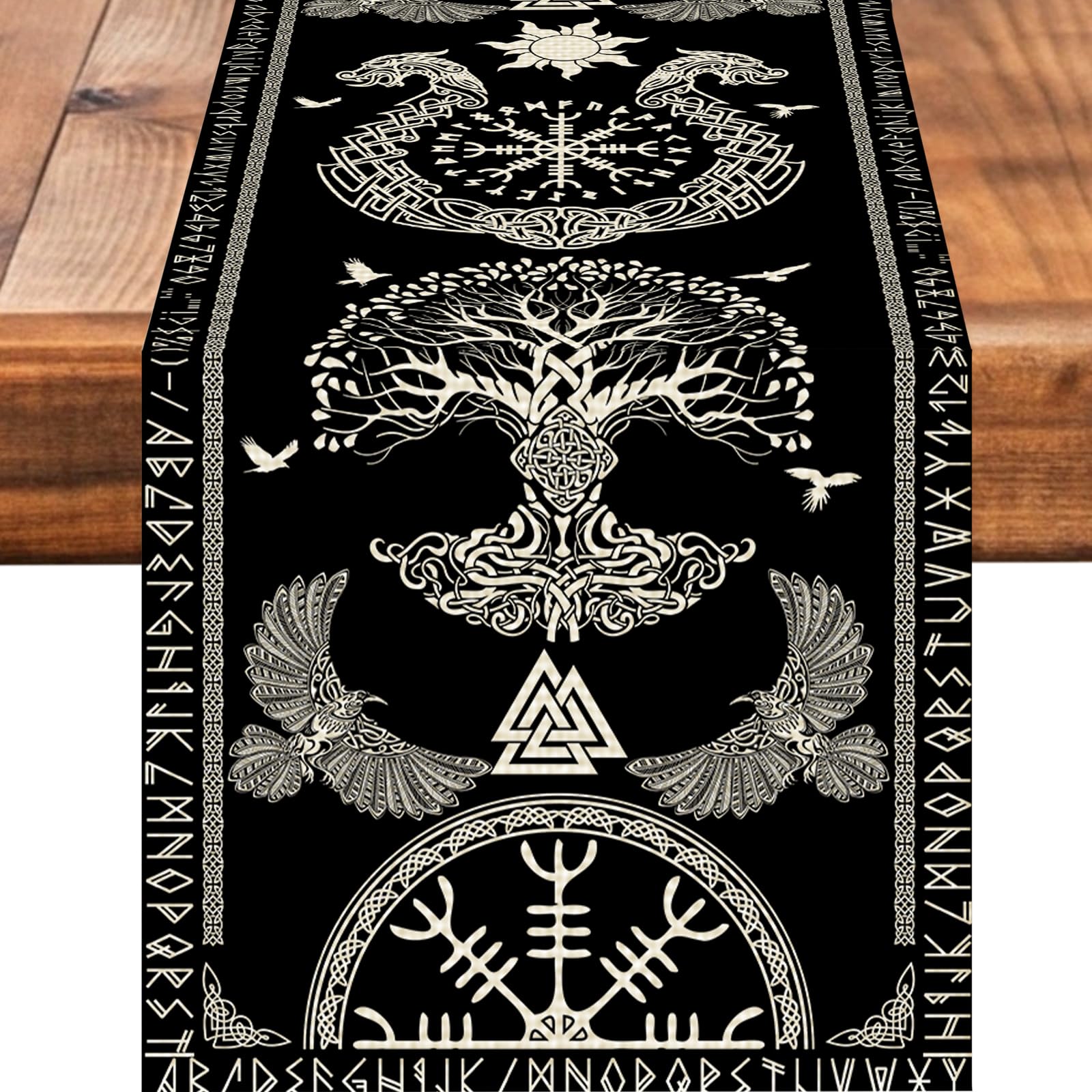 Black Viking Sacred Tree Celtic Raven Helmet of Awe Table Runner Seasonal Spring Fall Kitchen Dining Linen Table Decoration for Indoor Outdoor Home Party Dinner 13x72 Inch