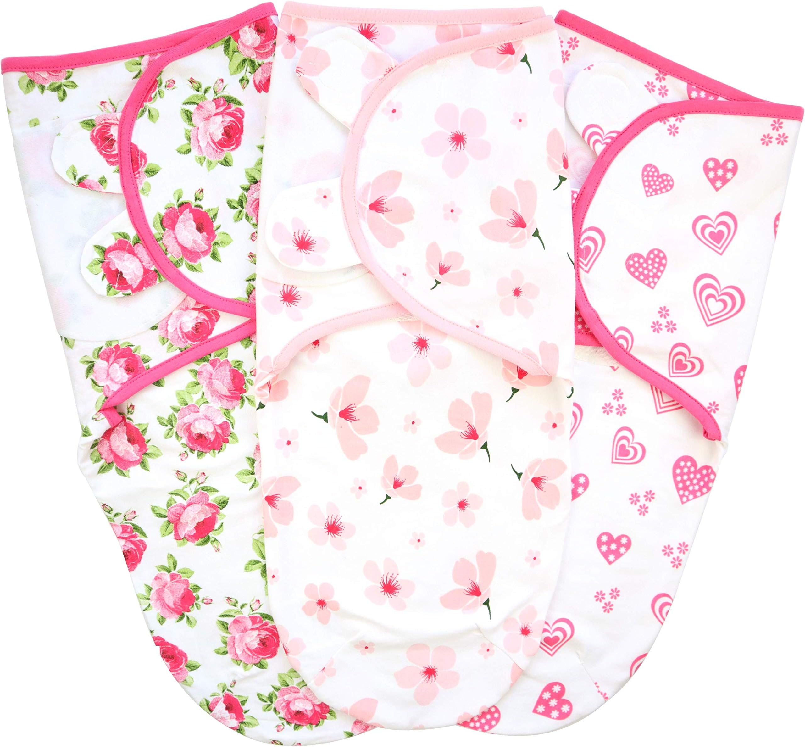 Baby Swaddle Blanket, Adjustable Newborn Wrap, 3 Pack Organic Cotton, 0-3 Month, Pink