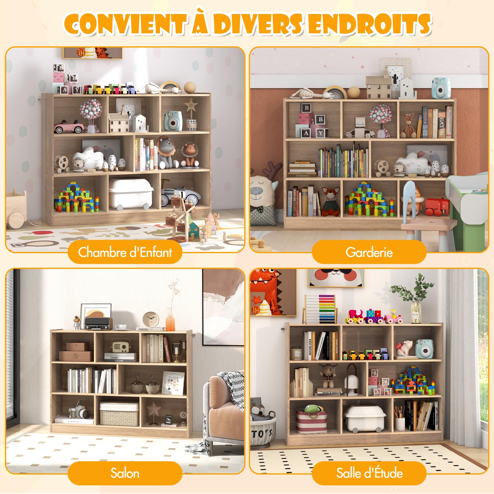 DREAMADE Bibliotheque Enfant 122x32x93CM à 3 Niveaux avec 8 Compartiments, Coffre à Jouets Enfant en Bois Charge 60KG,Étagère de Rangement Filles Garçons pour Jouets&Livres (Naturel)