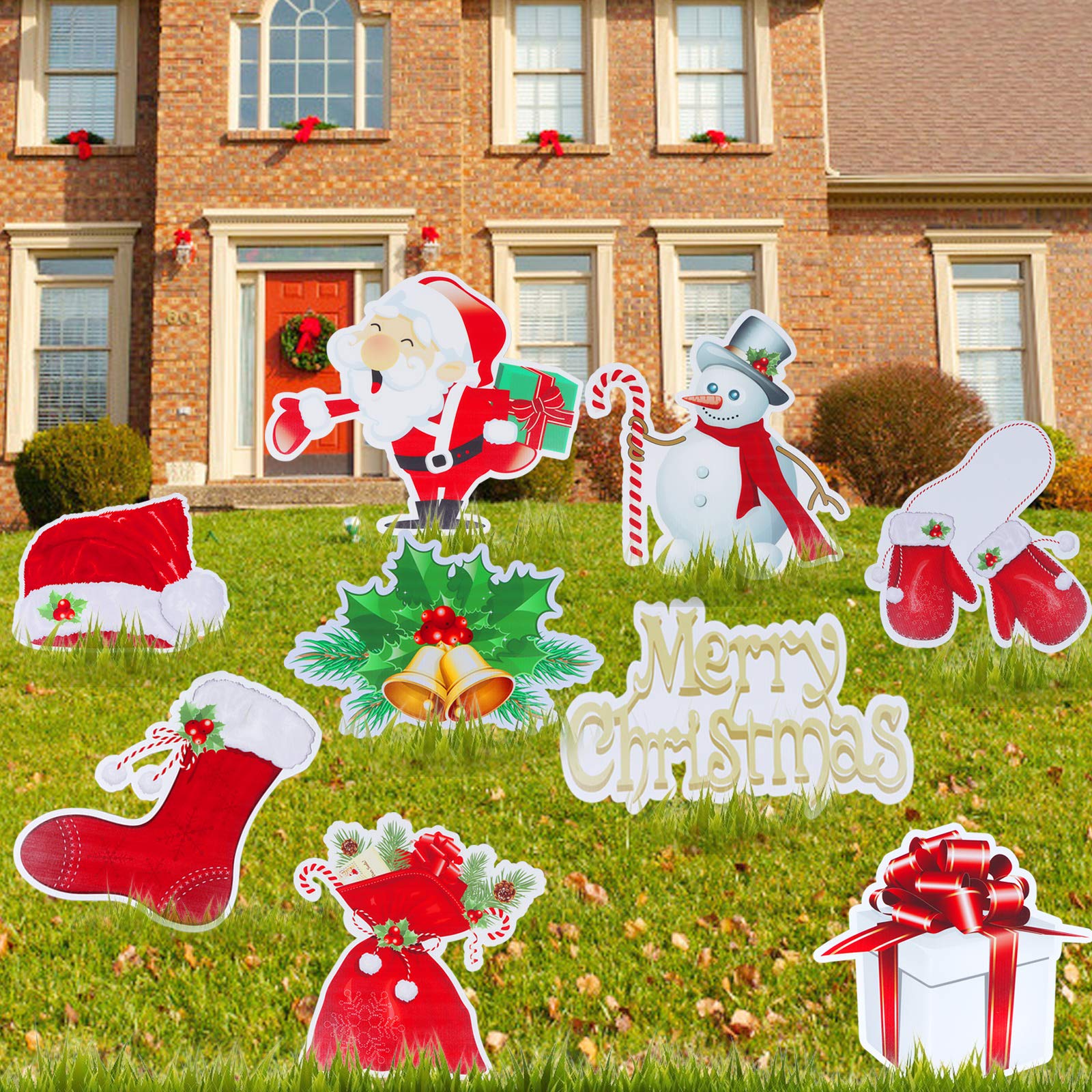 WayJaneDTP 9Pcs Christmas Yard Sign Set with Stakes 15.7" Christmas Holiday Lawn Yard Outdoor Decorations