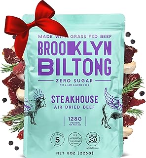 Brooklyn Biltong Air Dried Grass Fed Beef Snack, South African Beef Jerky (8 oz, Pack of 1) - Whole30 Approved, Paleo, Keto, Gluten Free, Sugar Free, Made in USA - (Steakhouse)
