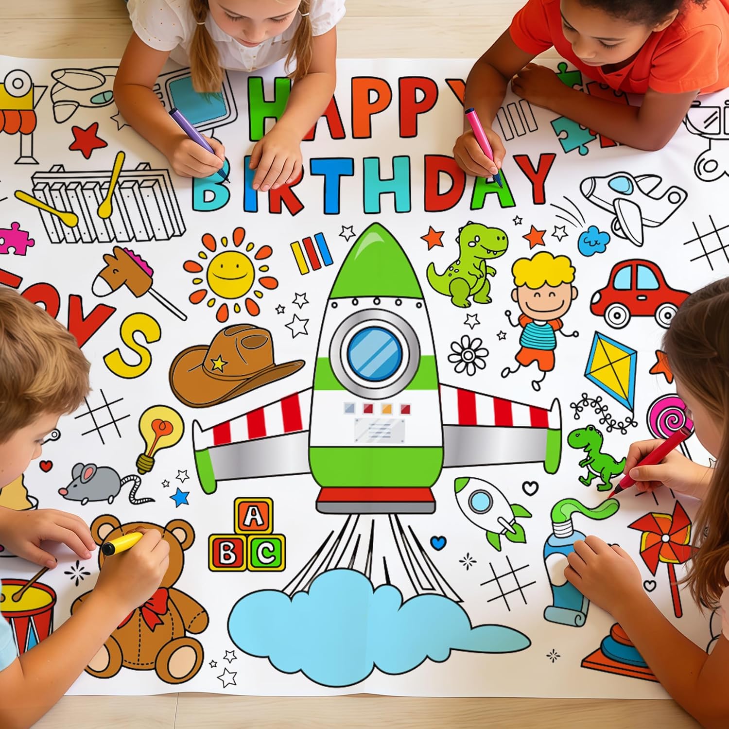 Cartoon Story Giant Coloring Tablecloth - 72 x 31 Inch Jumbo Paper Coloring Activity Poster, Rocket Happy Birthday Themed Table Cover for Birthday Party, Classroom, Family Games Decorations