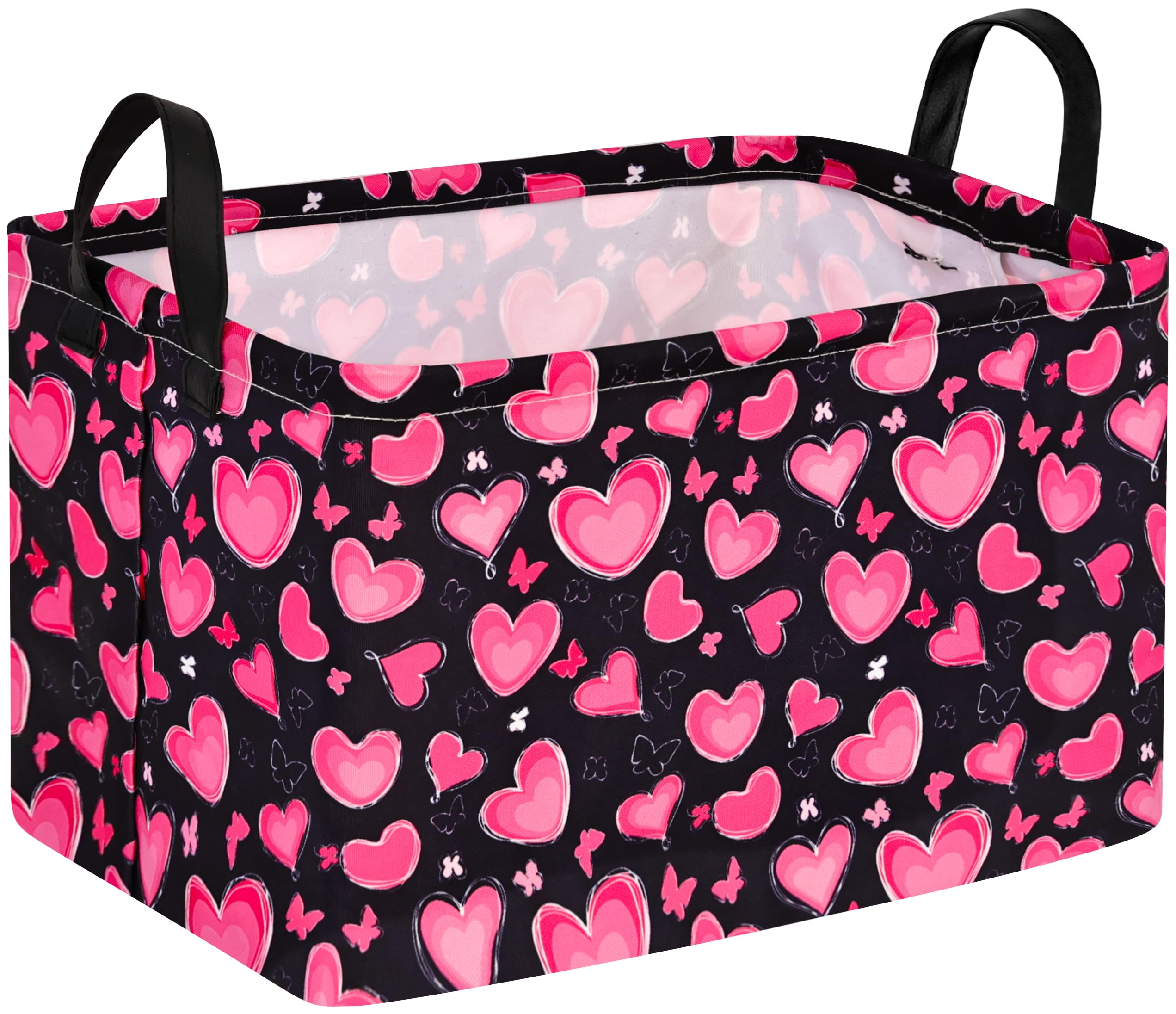 MAIZMZ Empty Gift Basket for Girls Heart Print Storage Cube for Women, Closet Shelf Waterproof Organizer Bins with Handles Nursery hamper Kids Toys Books Box Room Deco