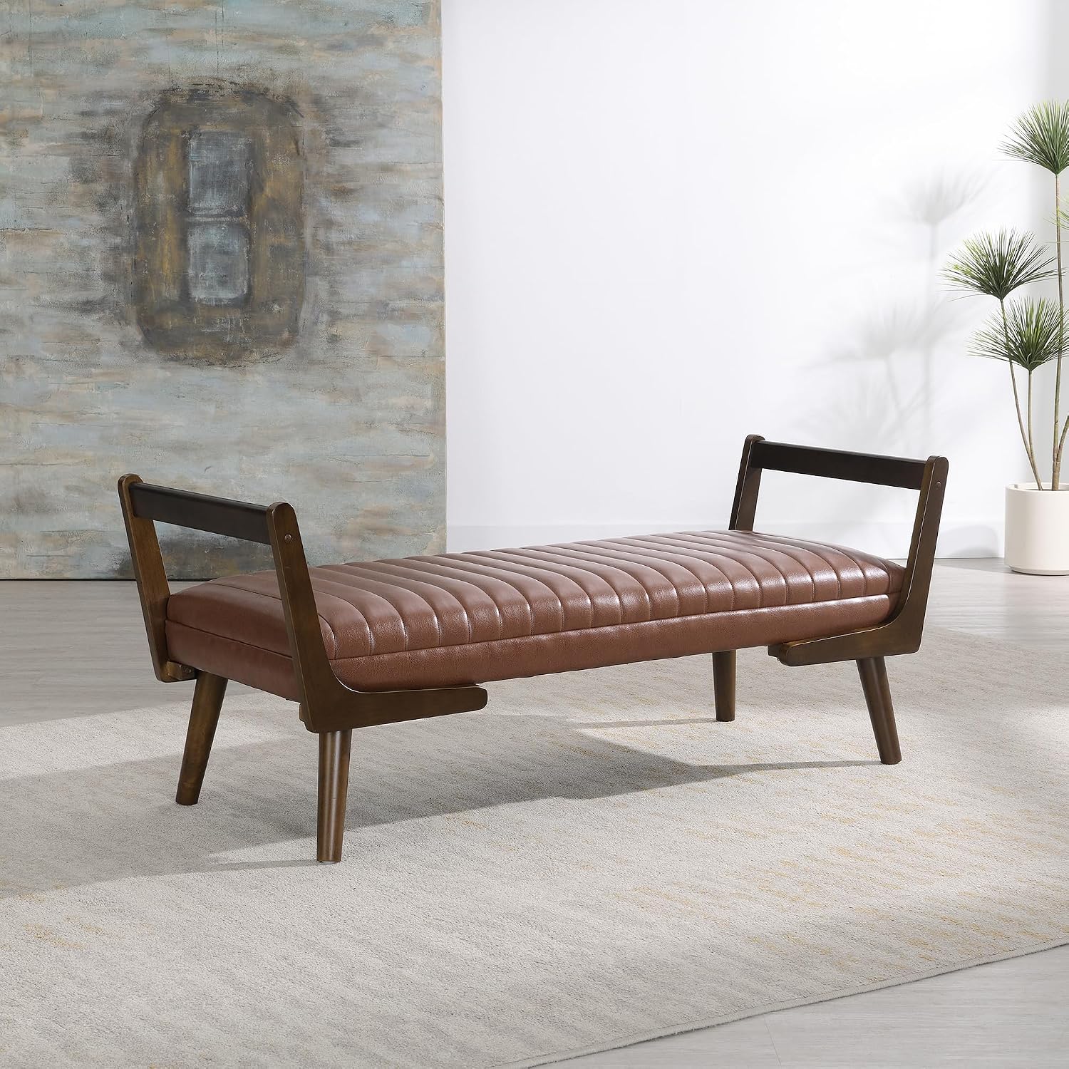 Mid-Century Modern Bedroom Ottoman,52“ Upholstered Bench for End of Bed, Soft Chenille Fabric & Walnut Wood Legs for Living Room, Entryway (Cognac)