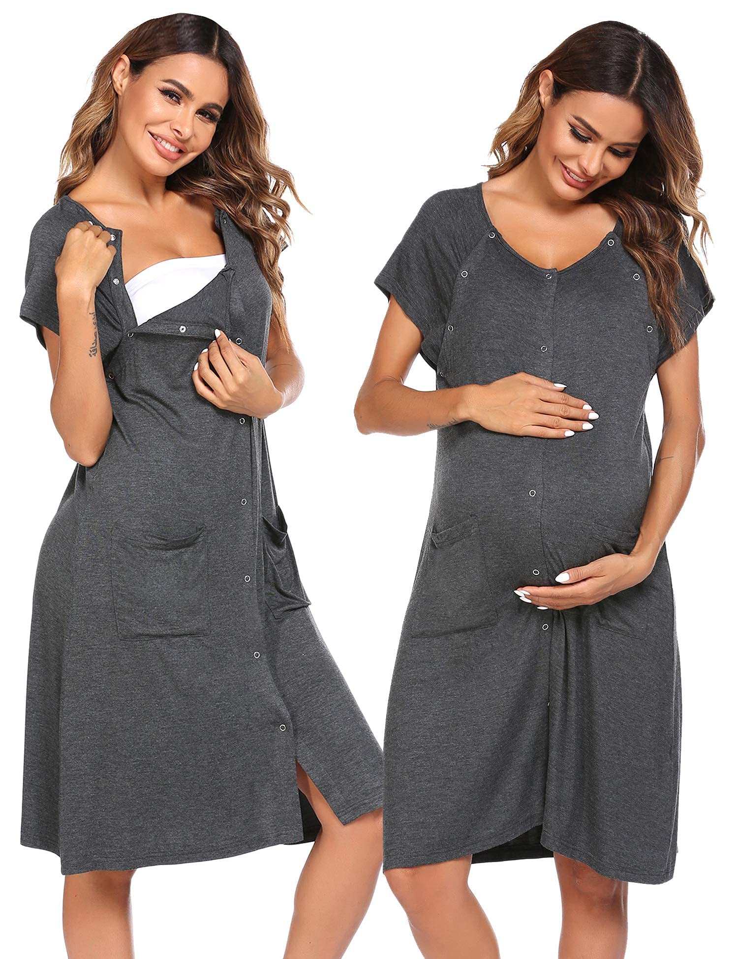 Ekouaer3 in 1 Nursing Dress Maternity Nightgown Labor/Delivery Breastfeeding Birthing Gown with Button