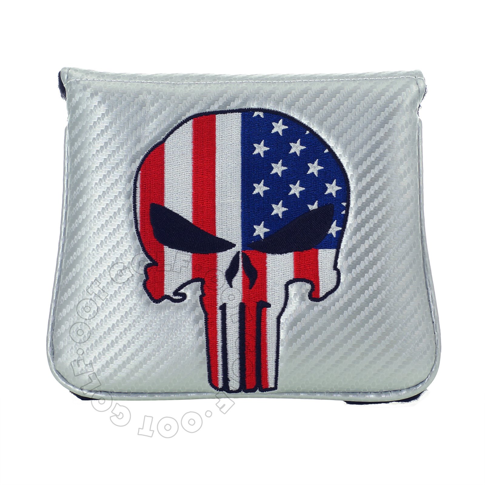 19th Hole Custom Shop US Flag Punisher Skull Golf High-MOI Mallet Putter Head Cover, Right Heand, Silver