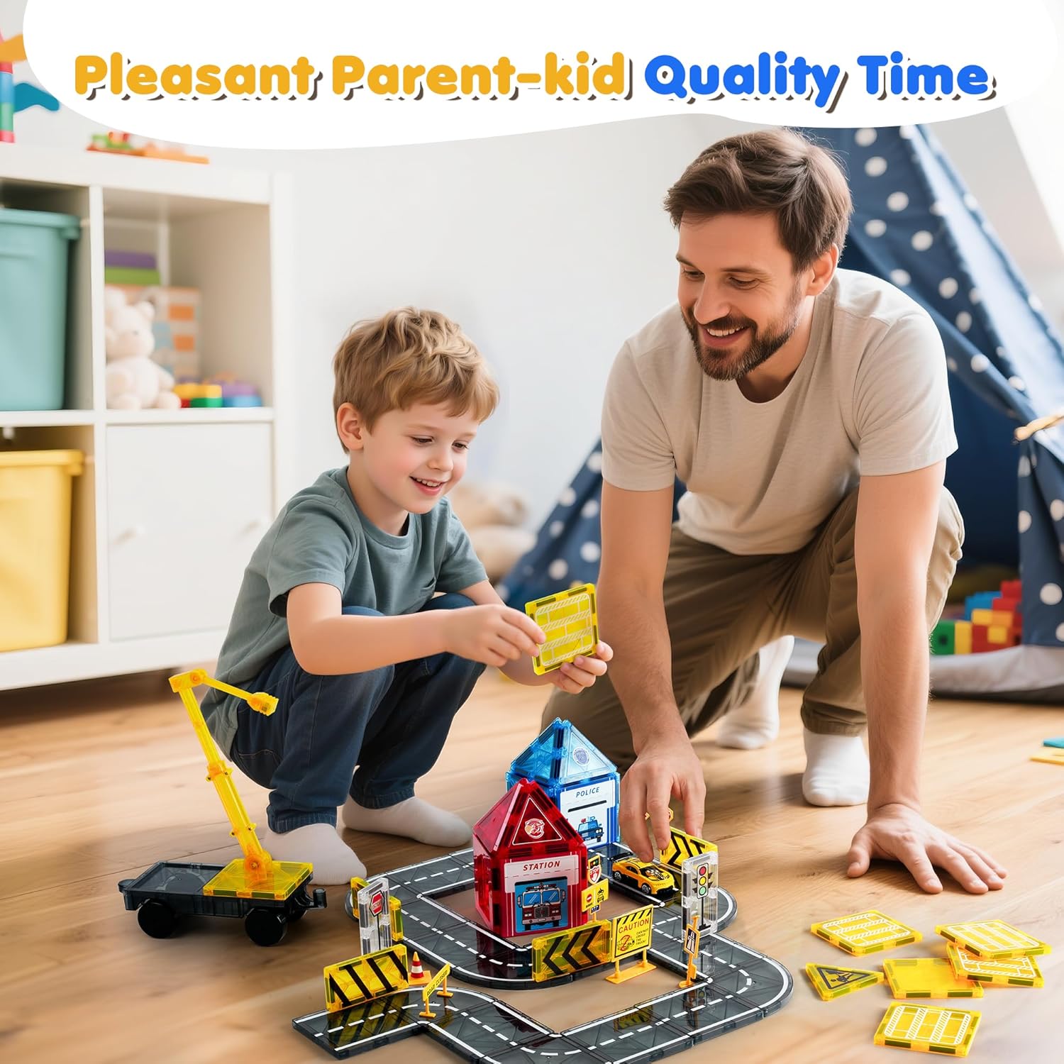 Magnetic Tiles Road Construction Set – 55 PCS STEM Engineering Toys with Crane, Cars & Stations, Magnetic Building Blocks for Boys & Girls Ages 3 4 5 6 Birthday Gifts