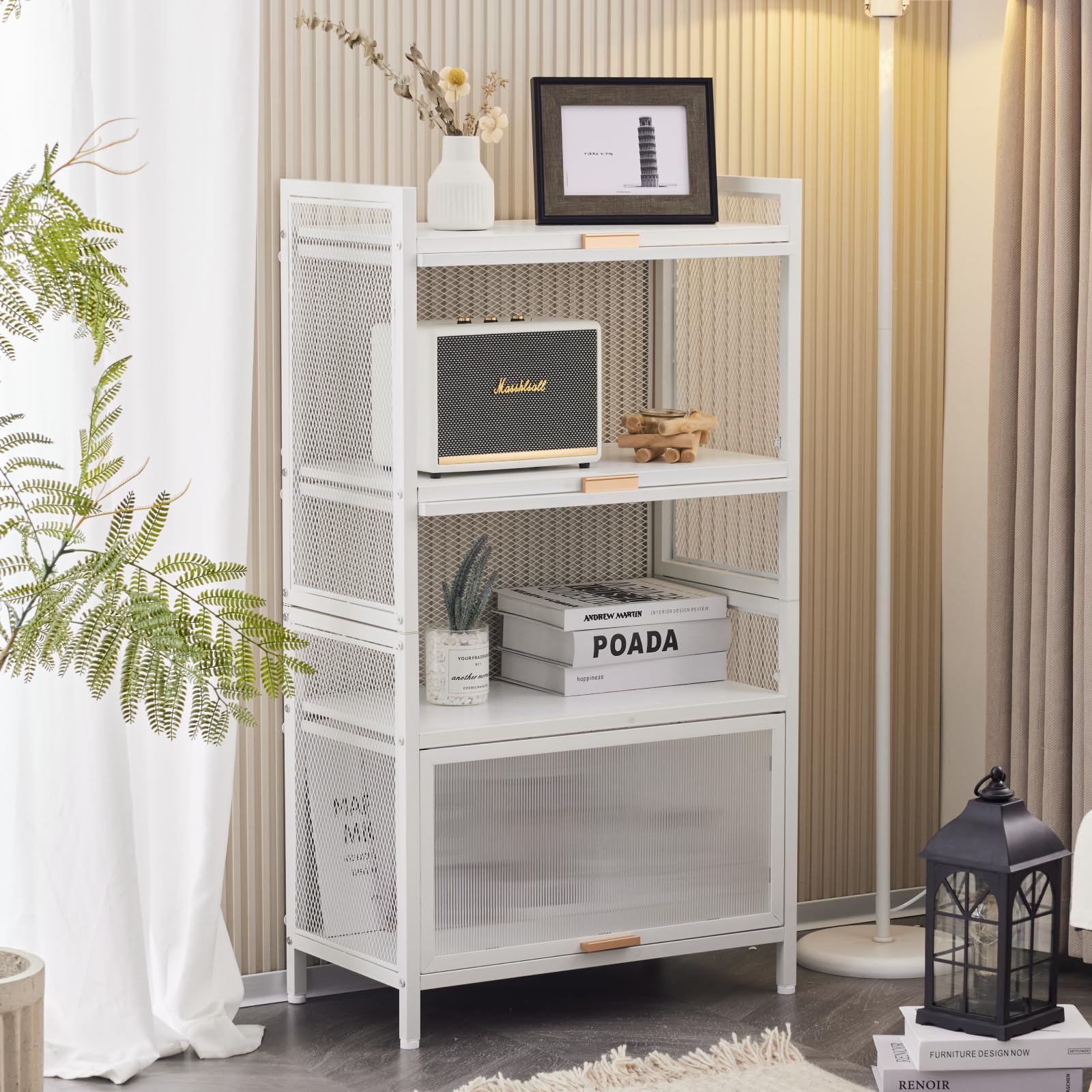 LEADZM 4-stufiges Küchenschrank, Buffetschrank, Küchenregale Stehend, Mikrowellenschrank mit halbtransparenter PC-Tür, Bäckerregal, Standregal, Lagerregal für Küche Wohnzimmer (Weiß, 4)