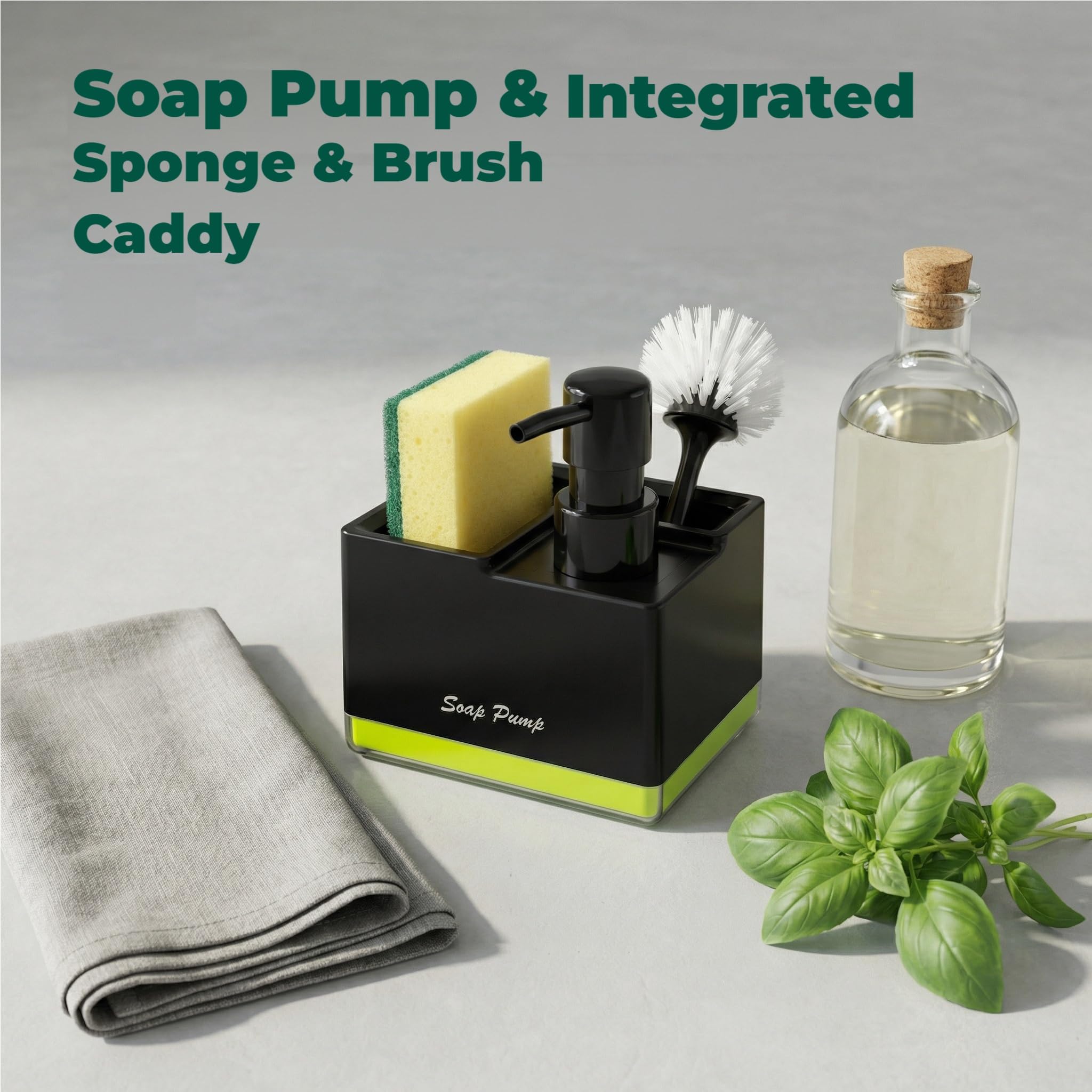 Dispenser di sapone 3 in 1 con porta spugna per il lavello della cucina (nero), erogatore di detersivo da cucina con porta spugna e spazzola, dispenser di sapone compatto 3 in 1 con ripiano, capacità - 5