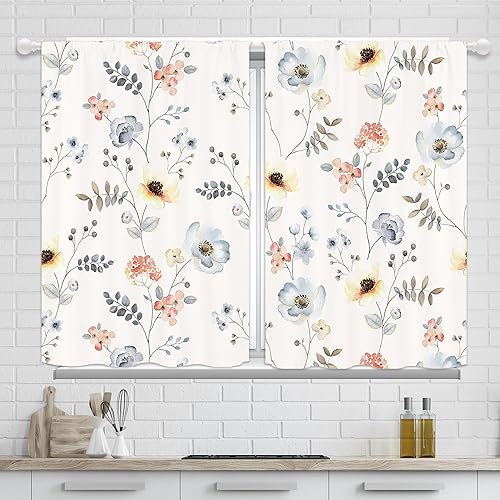 Miniatura 2 de Cortinas bohemias de cocina con flores en acuarela azul floral para baño, cortinas de ventana de granja, hojas rústicas de flores silvestres para
