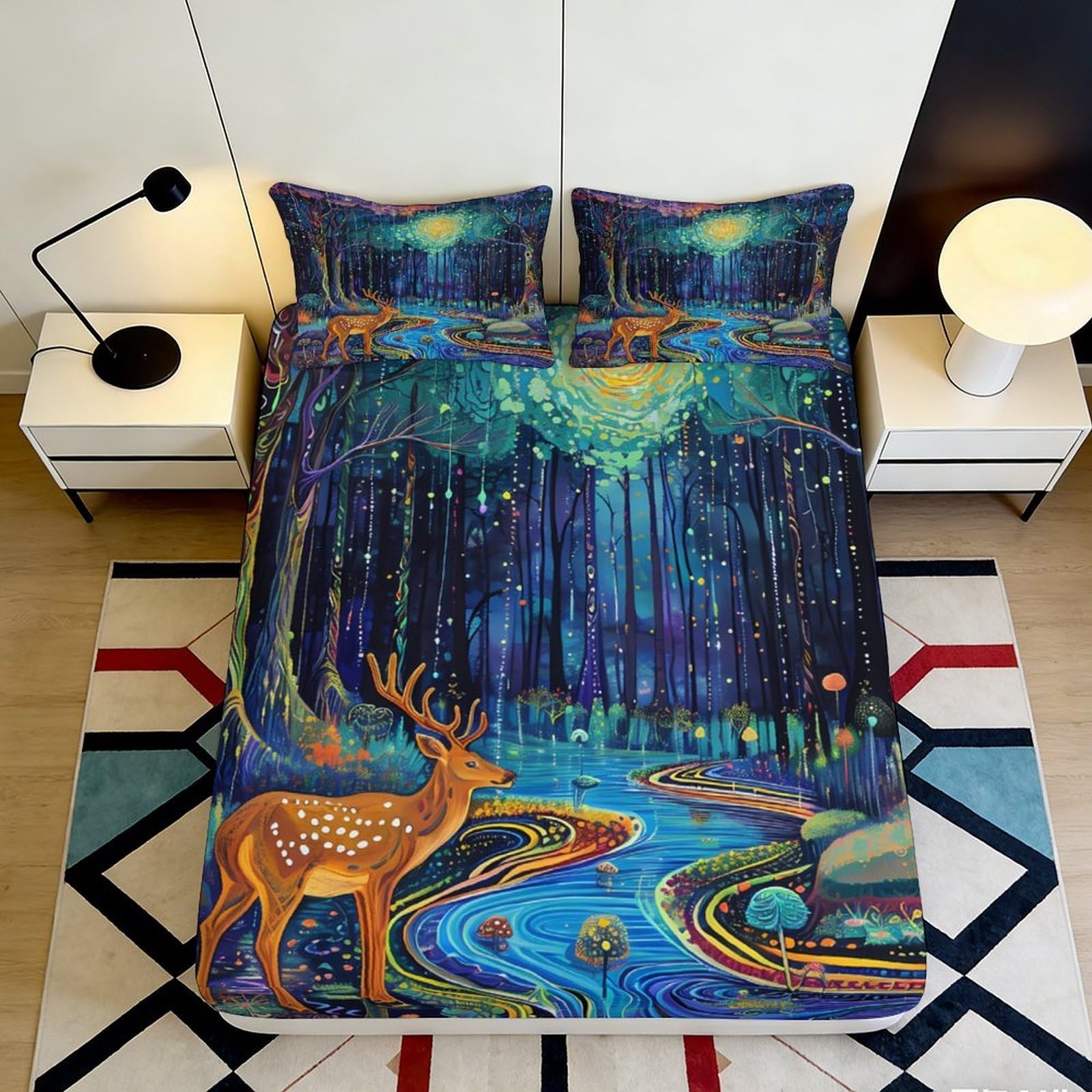 Pnayamiorkfel Style-1 3D Printed Enchanted Forest Fitted Sheet Microfiber Soft Stag River Mattress Cover For Bedroom Guest Room Decor 90X200x25cm
