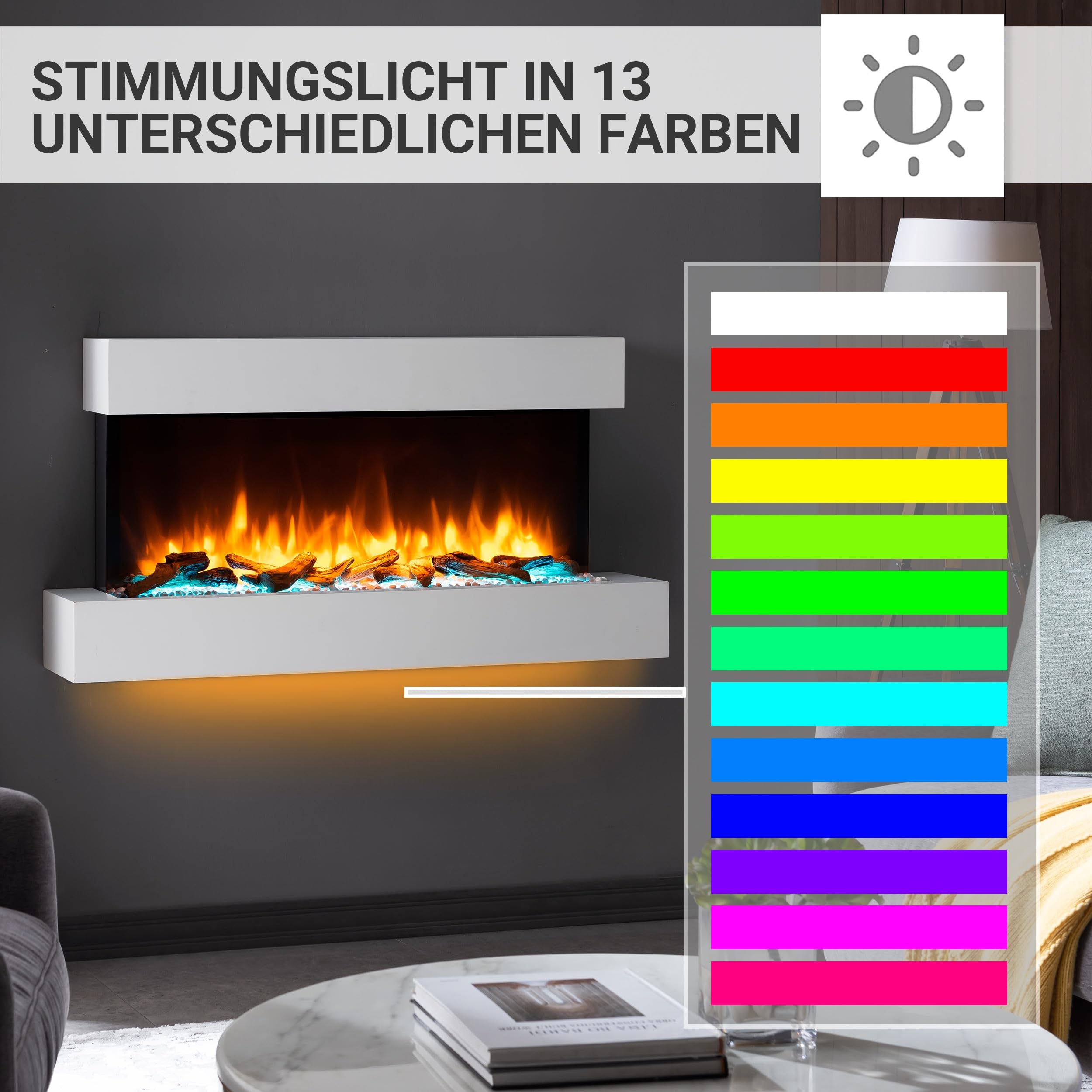 BALDERIA Ignis - Elektrischer Wandkamin mit Heizung und LED Flammeneffekt, Weiss
