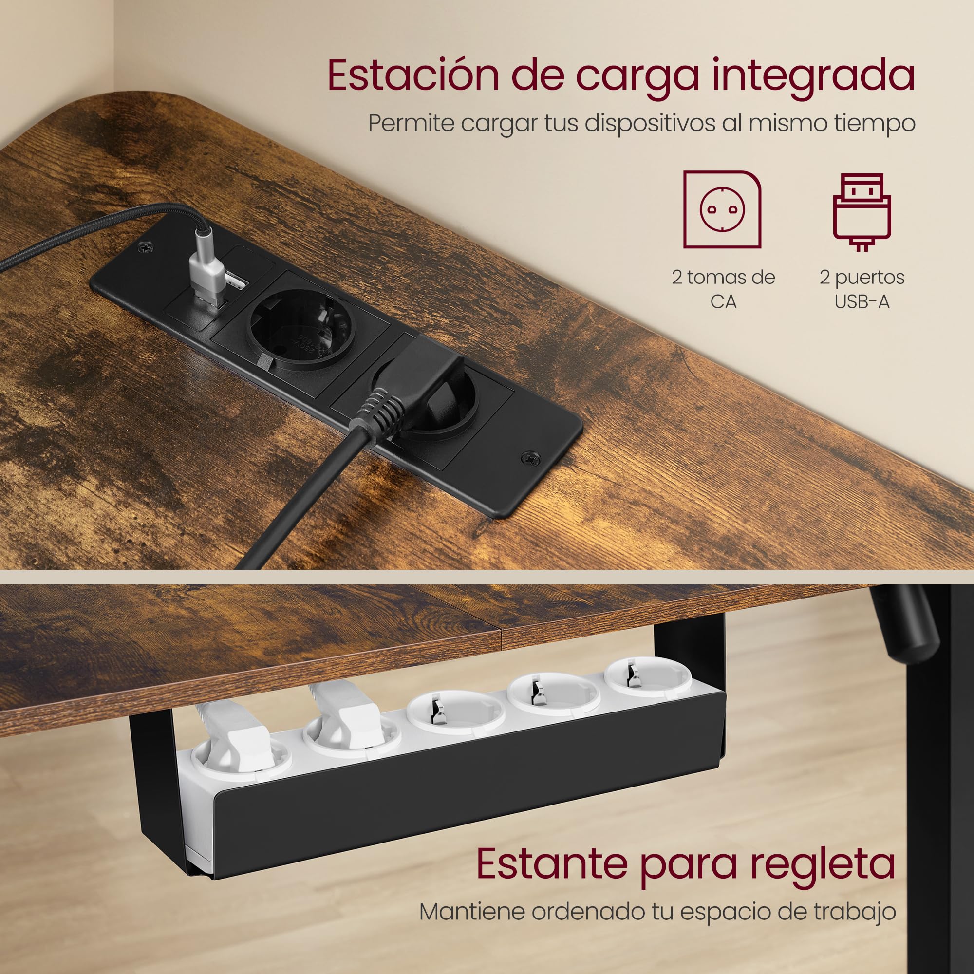 VASAGLE Escritorio Eléctrico Regulable en Altura, Escritorio en Forma de L, 140 x 160 cm, con Estación de Carga, Función de 2 Memorias, para Oficina Casa, Marrón Rústico y Negro Tinta LSD264K01