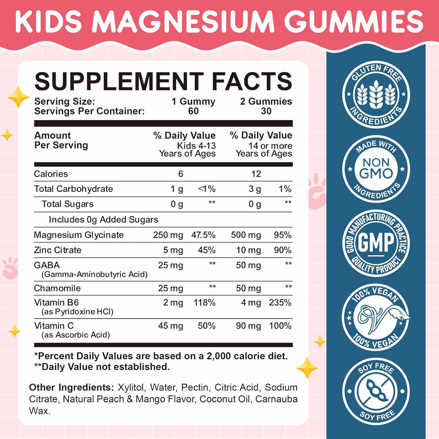 Magnesium Glycinate Gummies for Kids: Calm Magnesium Supplement for Kids & Adults with Zinc Citrate, GABA, Chamomile, Vitamin B6 & C - Sleep, Relaxation & Focus, Juicy Peach & Mango Flavor 120ct