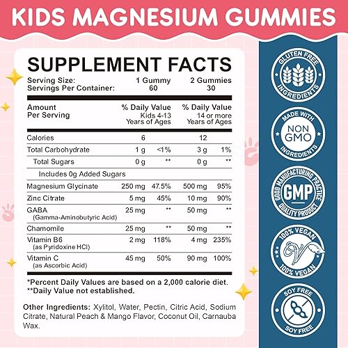 Miniatura 7 de Gomitas de glicinato de magnesio para niños suplemento de magnesio calmante para niños y adultos con citrato de zinc, GABA, manzanilla, vitamina B6