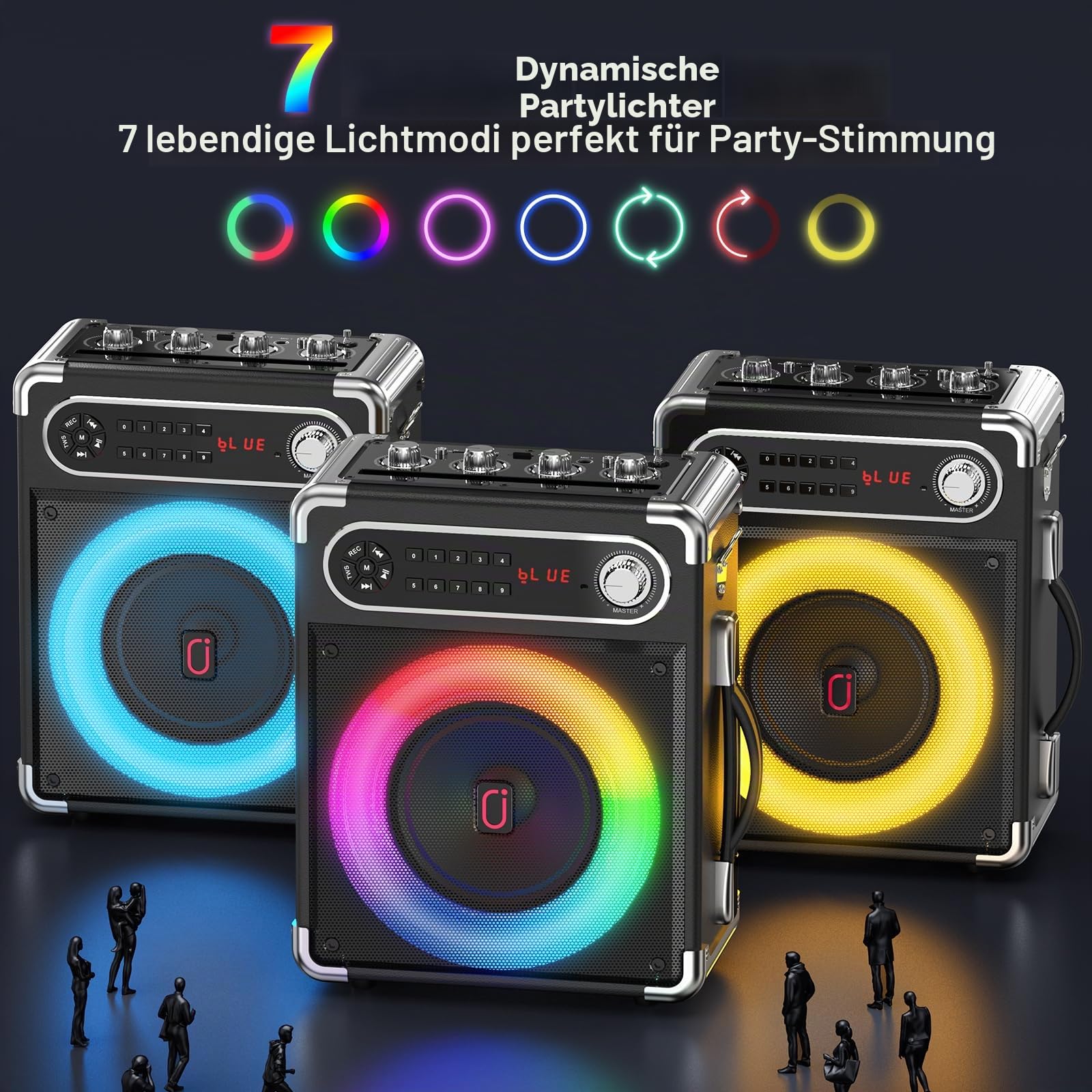 JYX Karaoke-Maschine mit 2 UHF-Funkmikrofonen, Tragbarer Bluetooth-Lautsprecher mit Bass-/Höhen-Einstellung, Fernbedienung und LED-Lichtern, unterstützt TF-Karte/USB, AUX IN, FM, REC für Party-Schwarz