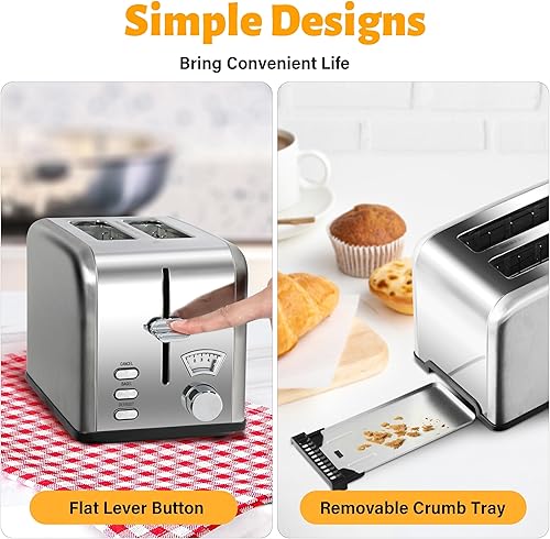 Miniatura 5 de Simple Deluxe Tostadora de acero inoxidable de 2 rebanadas, 5 ajustes de tostado y tostadora de ranura extra ancha de 3 funciones, con bandeja