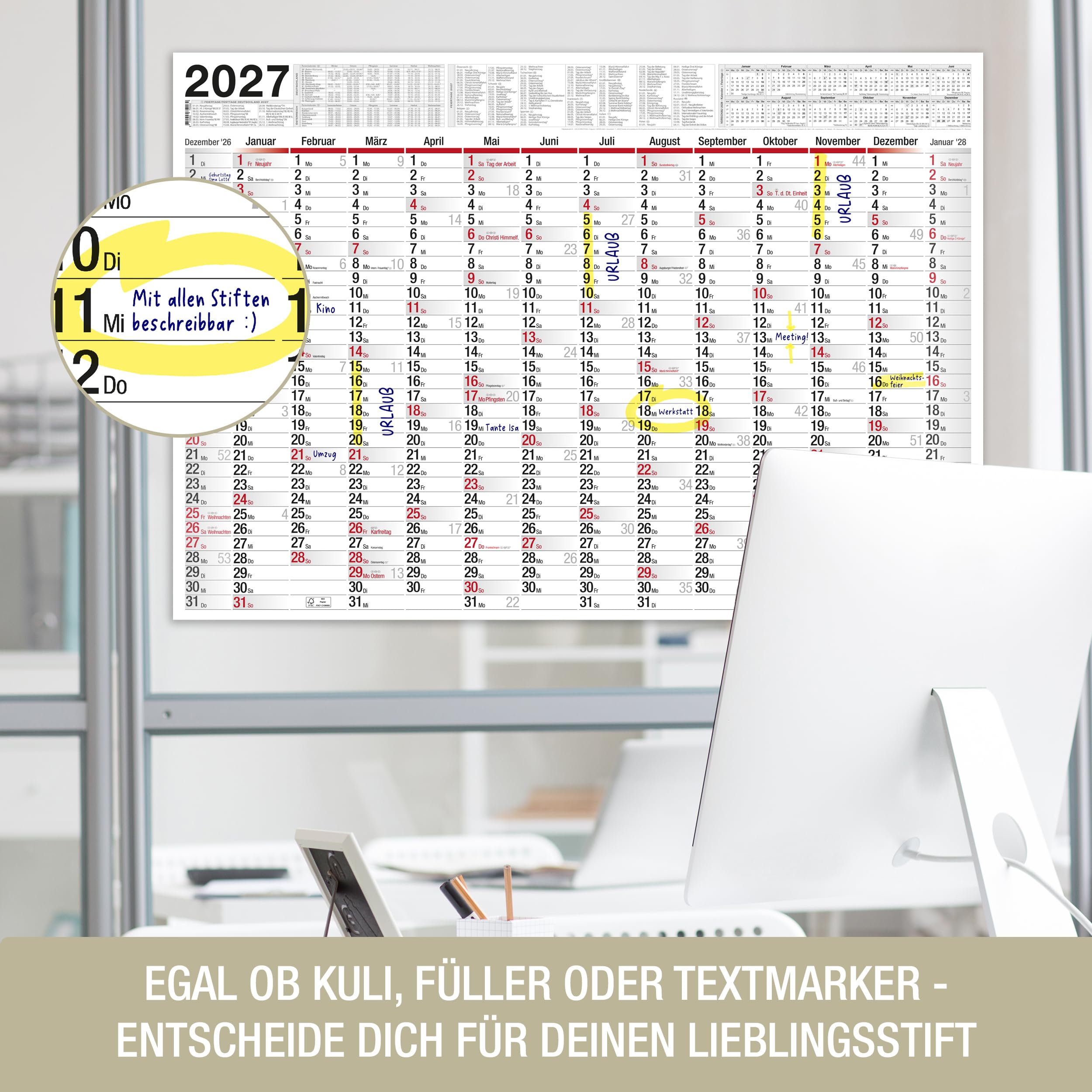 TOBJA Kalendarz ścienny 2026 duży z świętami i feriami DE, AT | Planer roczny 2026 kalendarz ścienny 100x70 cm | XXL kalendarz ścienny składany | Wysokiej jakości kalendarz [1 sztuka składana]