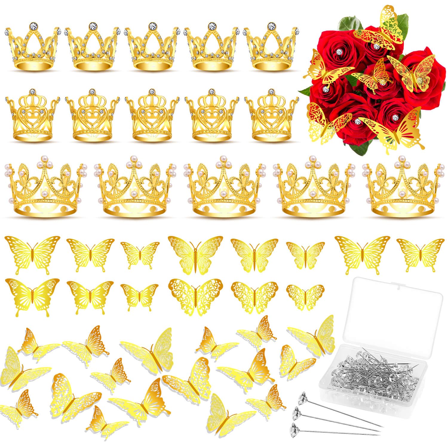 cridozcridoz 163Pcs Flower Bouquet Accessories, 15Pcs Mini Crowns with 48Pcs Gold 3D Butterfly Decorations and 100Pcs Corsage Boutonniere Pins for Flower Arrangements, Small Crowns for Cake Topper