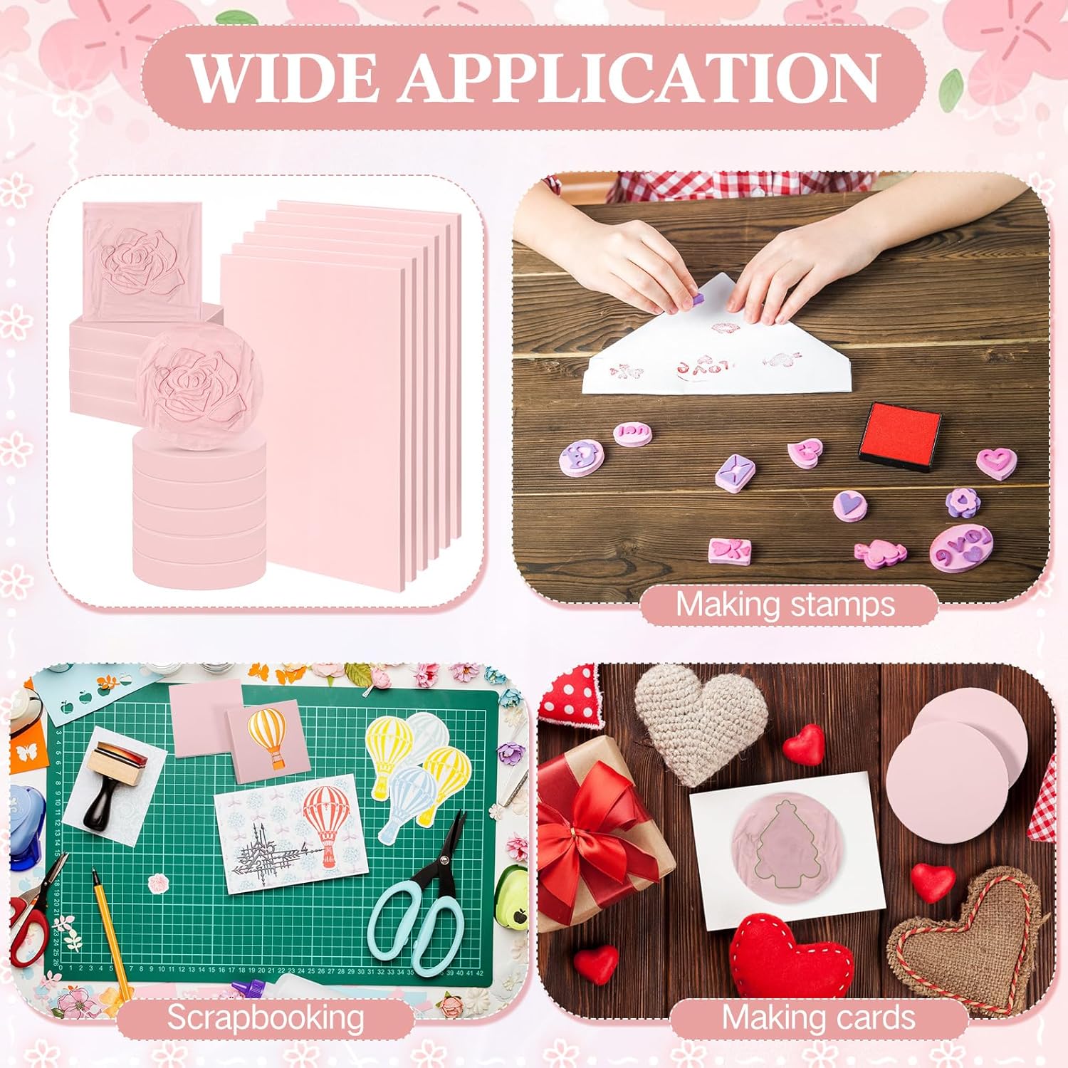 Innconee 18 Pcs Rubber Stamp Carving Blocks Linoleum Blocks 4"x6" and 2"x2" Round Square Rectangle Block Carving Kit for Stamp Crafts DIY Project(Pink)