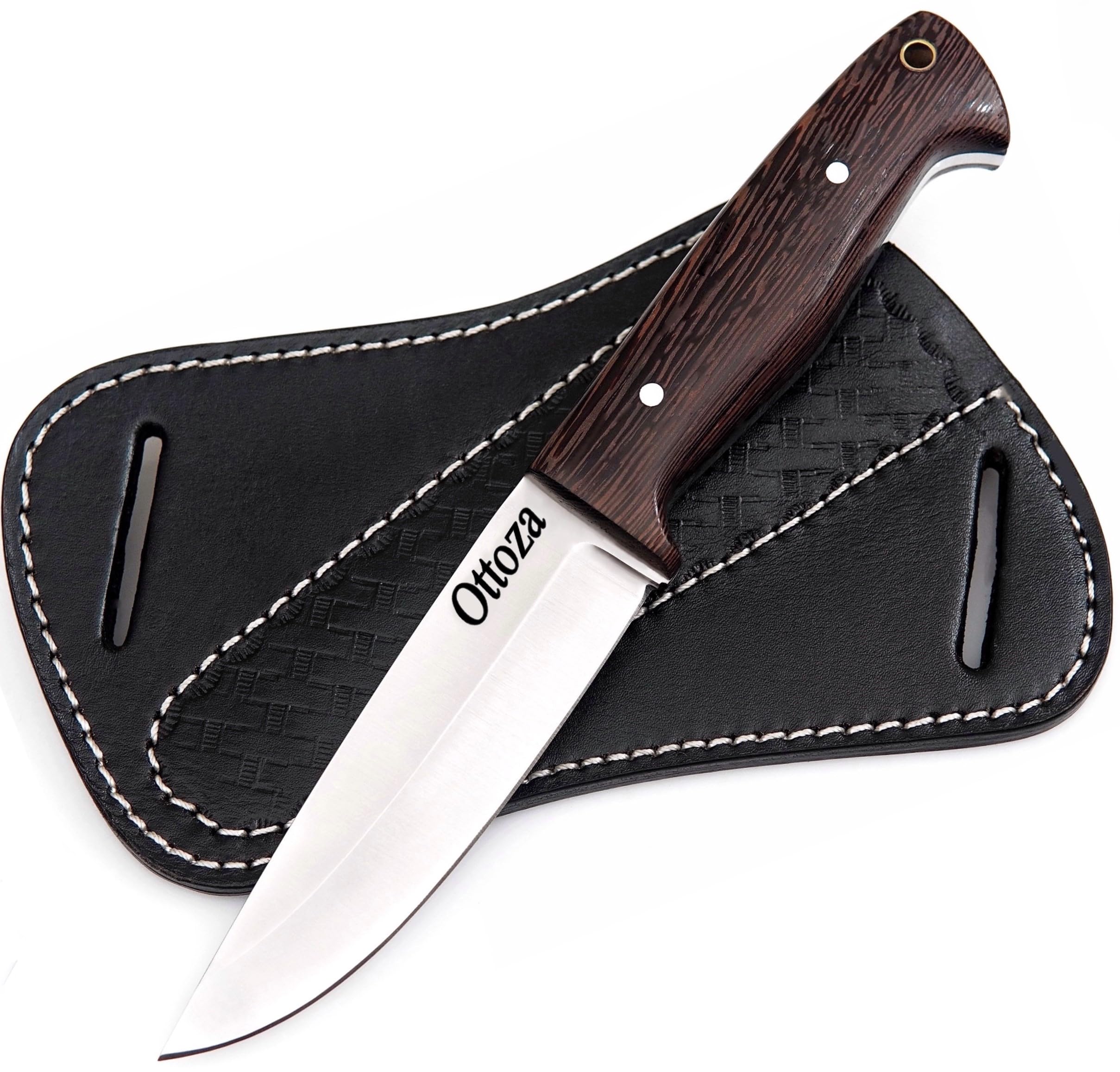 Ottoza Bushcraft Knife with Sheath & Wenge Wood Handle - Outdoor, Survival, Camping Knife - 1095 High Carbon Steel Fixed Blade Hunting Knives for Men Cross Draw Sheath 429