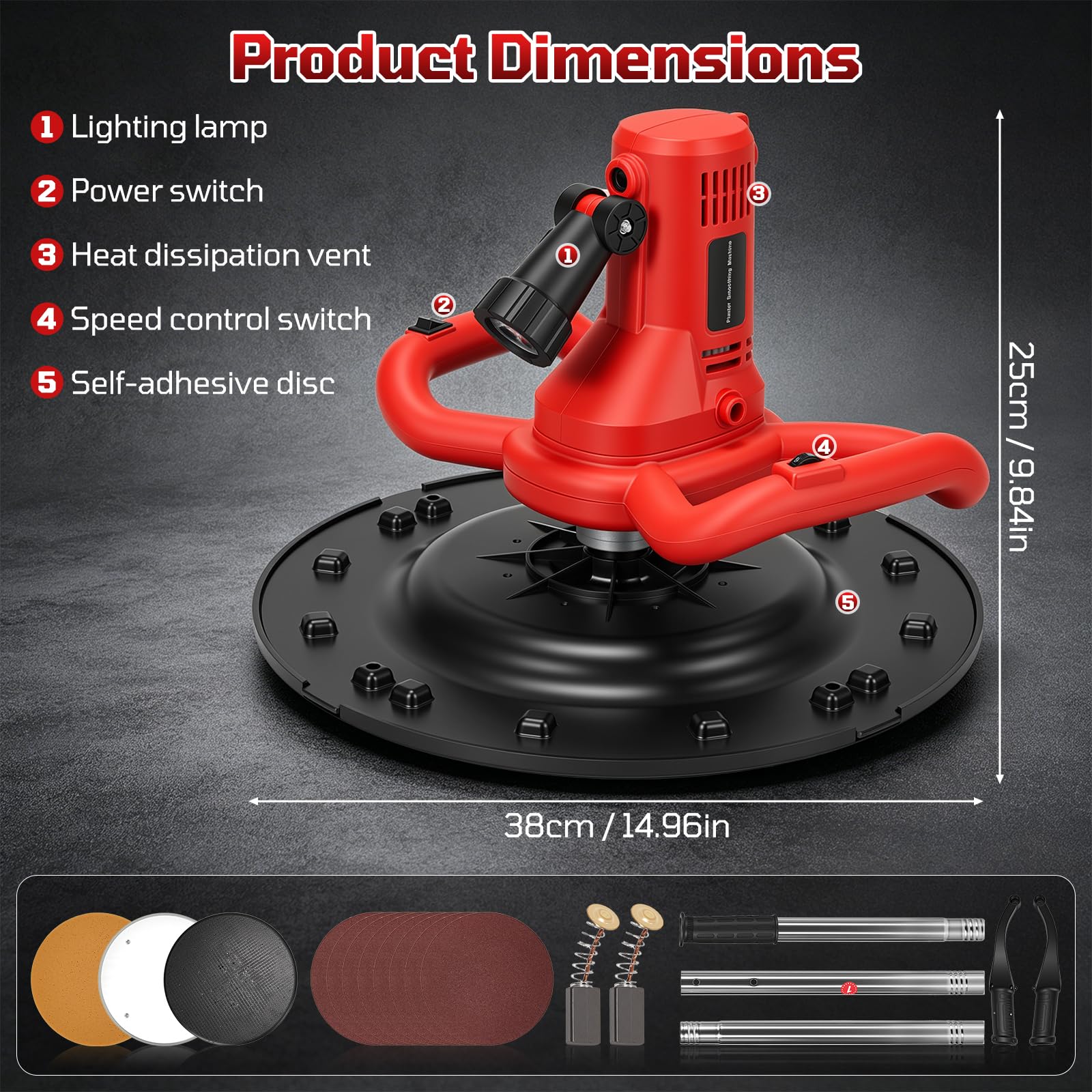 Levigatrice Per Intonaco, 2 In 1 Betoniera 1680W Elettrica Levigatrice con Asta Telescopica Per Muri 6 Velocità Mola Ø380 mm Illuminazione LED Malta Cementizia Per Calcestruzzo Frattazzo Intonacatrice