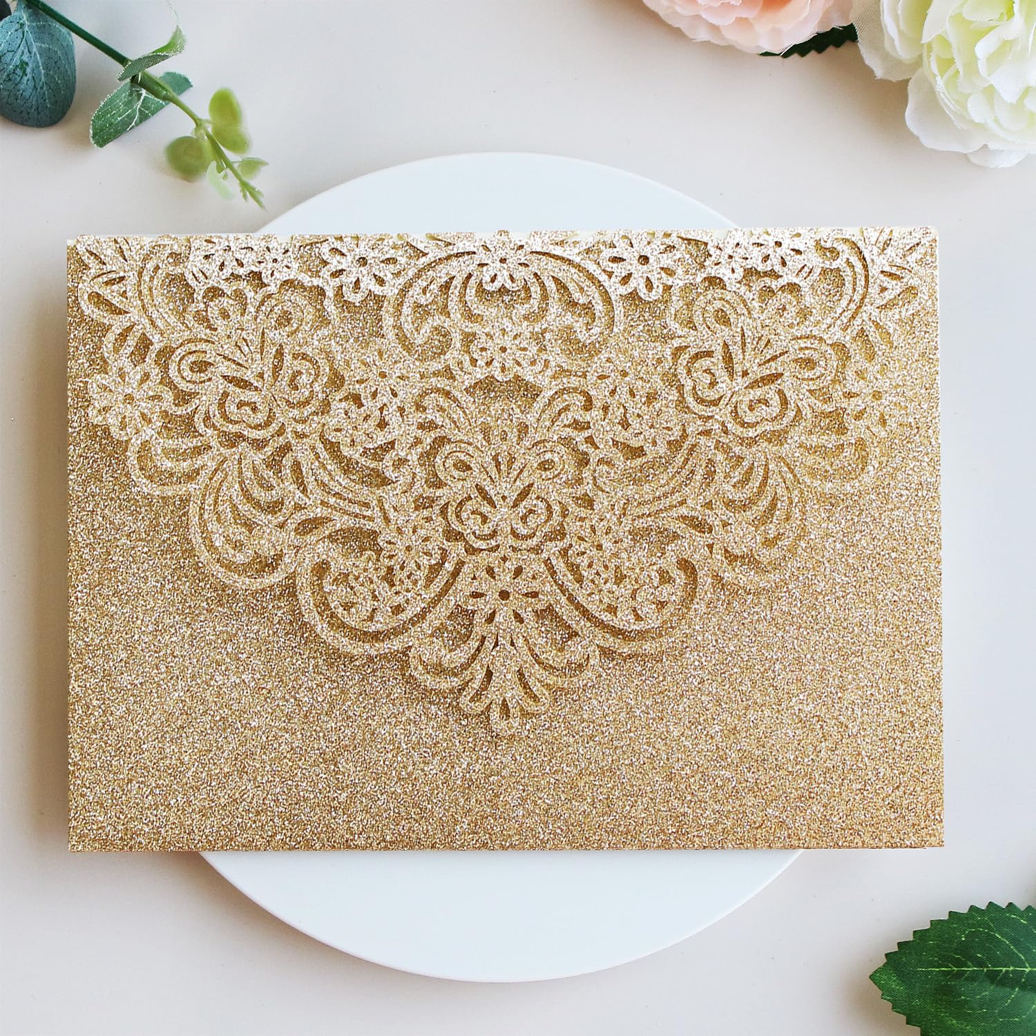 Hosmsua 20x Gold Dreifaltige Lasergeschnittene Einladungskarten Set mit Antwortkarte & Umschlägen, Gold Glitzer Floral Design Einladungen für Hochzeit Geburtstag Hochzeitsjubiläum & Feierlichkeiten