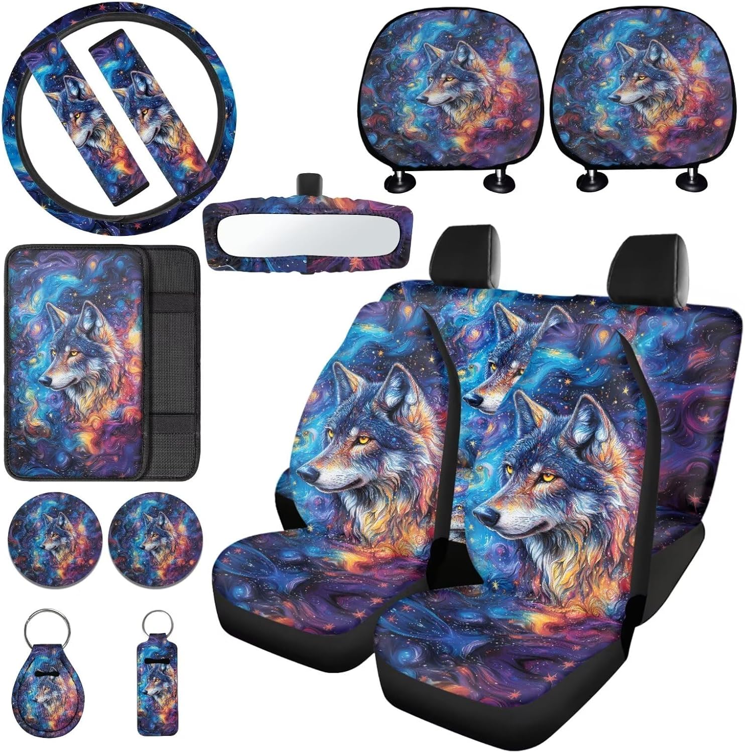 Skull Flower Print 15 Pcs Car Interior Cover Sets, Car Front Rear Seat Cover with Steering Wheel Cover Armrest Cover Seat Belt Cover Car Rear View Mirror Cover Headrest Cover Coaster Keychain