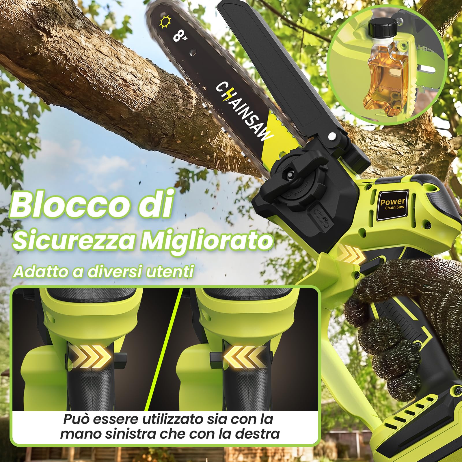 Mini Motosega a Batteria 6/8 Pollici, 1300W Brushless Motosega Elettrica con 8000mAh Batterie, Sega a Batteria per Potatura Pompetta Olio per il Taglio Del Legno e Giardini, Compatibile con Makita
