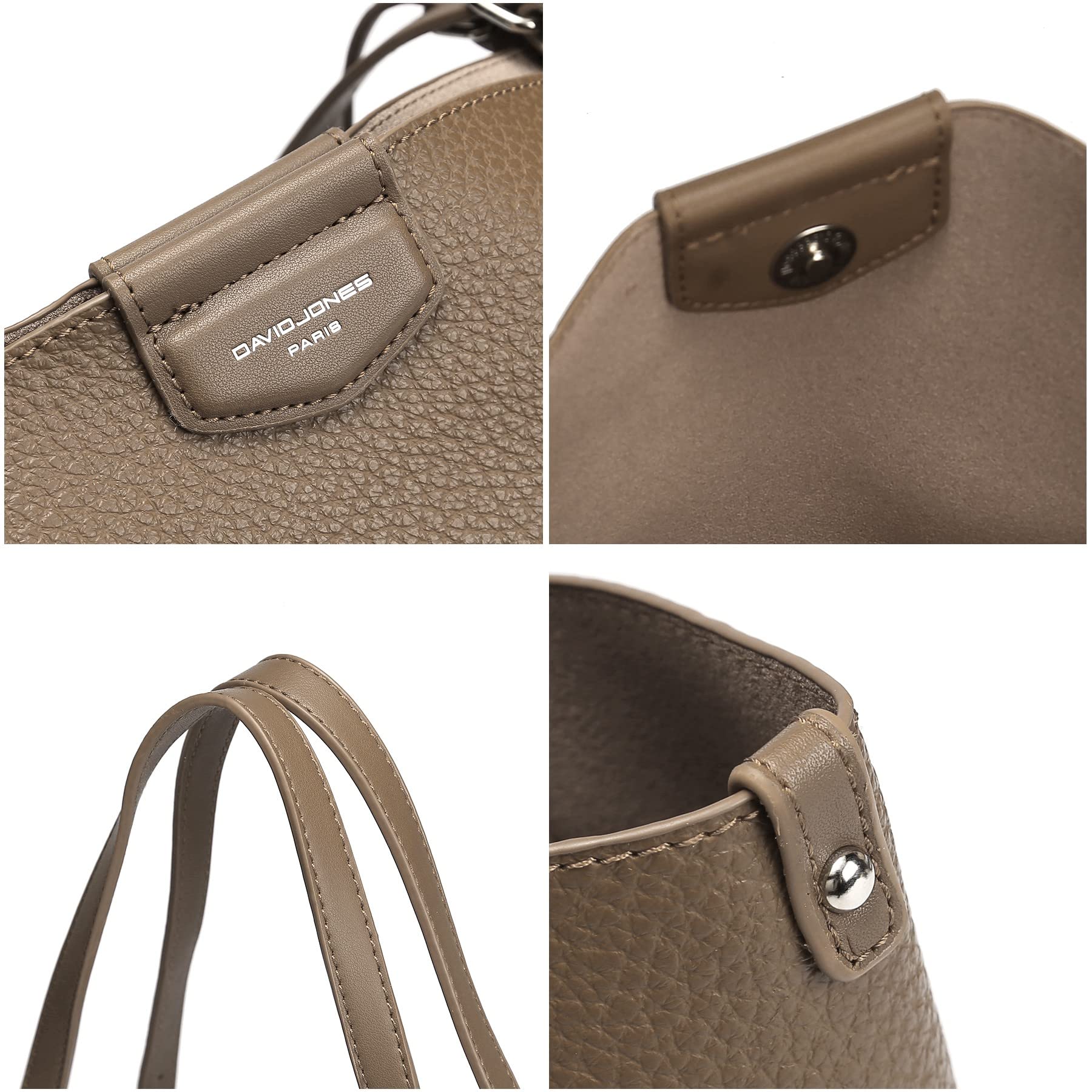 David Jones - Bolso de Hombro Mujer - Bolso de Mano Piel Sintética Suave - Tote Shopper Gran Capacidad A4 Cuero PU - Bolsos Compras Trabajo Asas Largas - 2 Piezas con Embrague - Marrón Topo