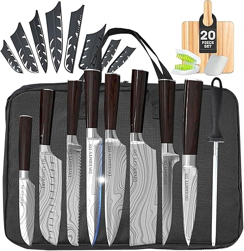 Juego de cuchillos de cocina japoneses con bolsa, juego de 20 cuchillos de chef profesionales con cuchillos de chef japoneses de acero inoxidable de