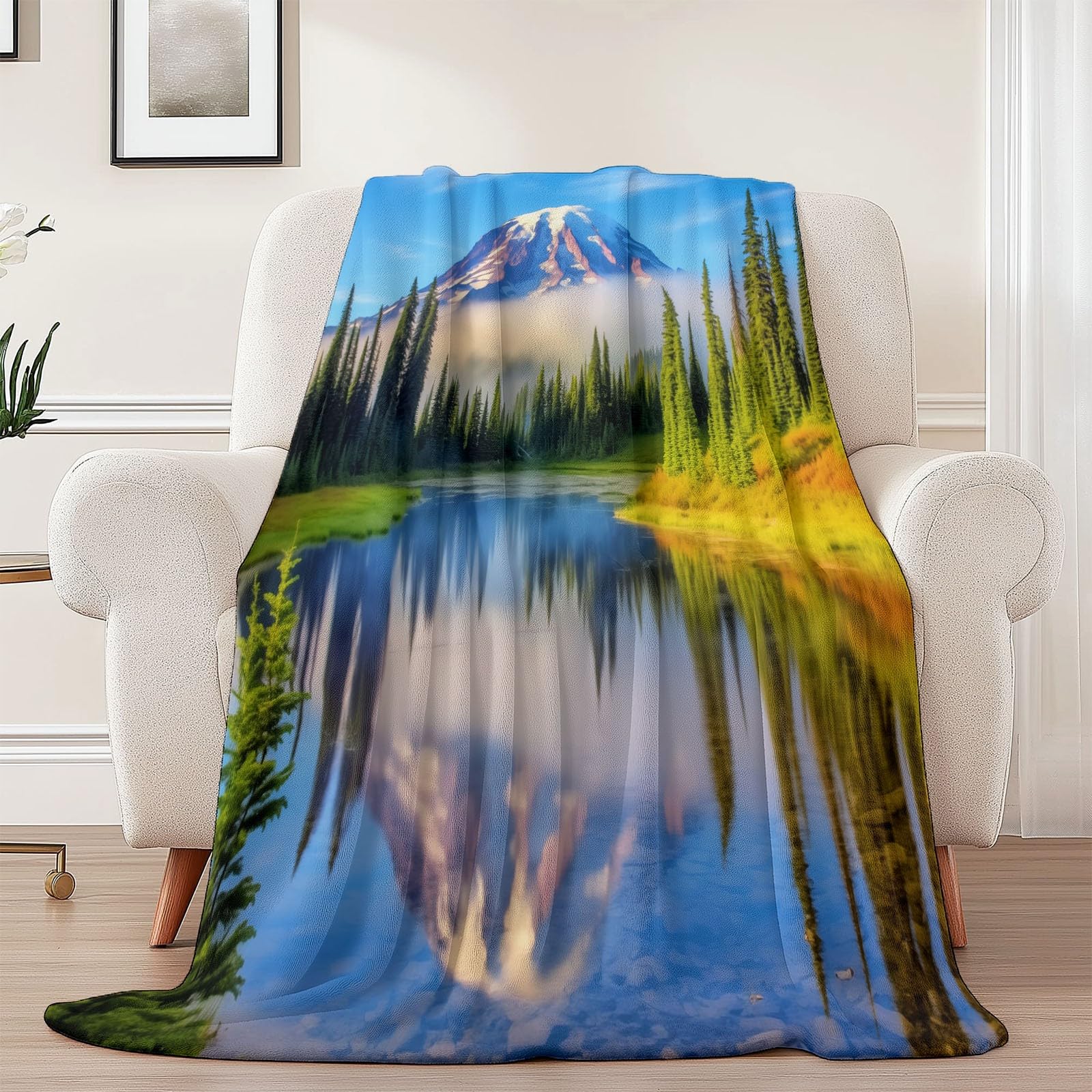 Générique Couverture Sherpa Flanelle 220 x 240 cm, Bleu Couverture Polaire Chaud et Douce à Imprimé Nature Forêt Montagnes - Confort Duveteux pour Enfants Garçons Filles Adultes