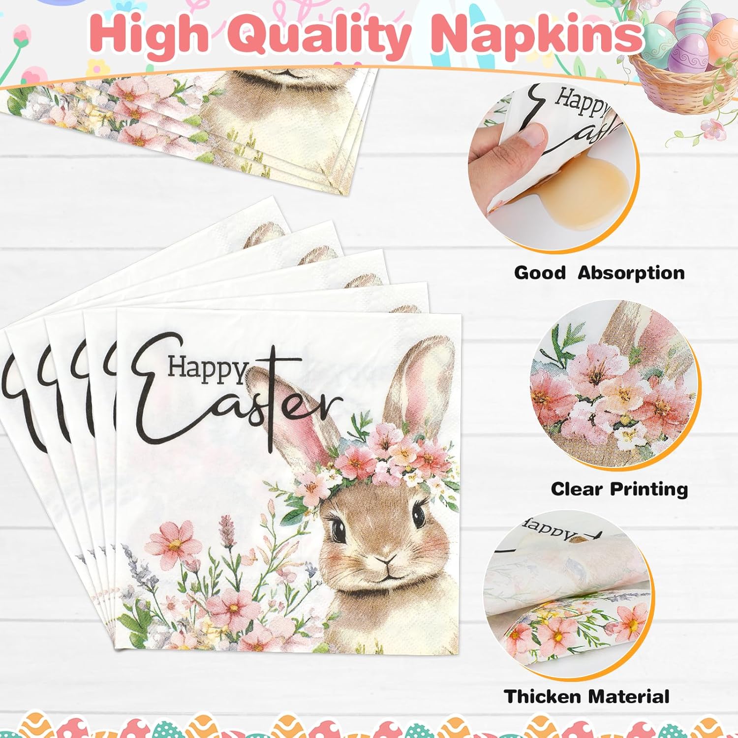 50Pcs Easter Paper Plates and Napkins, 10" x 12.5" Large Happy Easter Oval Plates and 6.5" Napkins, Bunny Cross Flowers Disposable Heavy Duty Tableware Set for Spring Easter Party Supplies