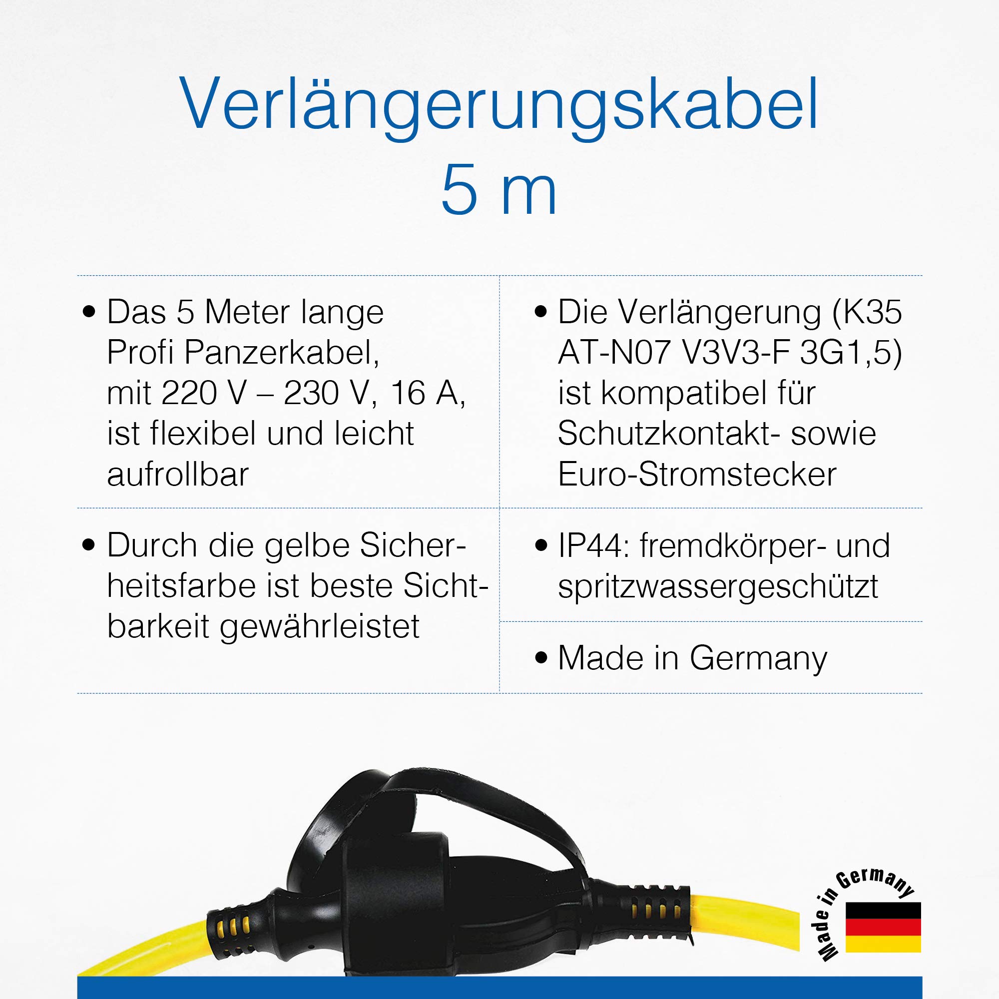 as - Schwabe 60350 Zewnętrzny Kabel Przedłużający Zbiornik z Wtyczką Schuko/Euro, IP44, 230 V/16 A, Długość Kabla 5 Metrów, Żółty