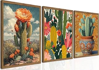 Mexican Cactus Framed Canvas Wall Art Set of 3 - Vintage Desert Floral Wall Decor Paintings, Boho Southwestern Botanical Prints Pictures for Living Room Bedroom Bathroom Home Decor 12x16 inch