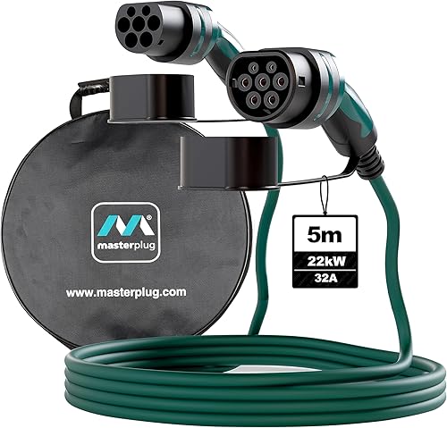 Masterplug Mode 3 EV Fast Charging Cable with Carry Case, Three Phase, Electric and Plug-in Hybrid Vehicle Car Type 2 to Type 2, 5 Metre Cable, 22kW, 32A, EVC22325TL/CASE