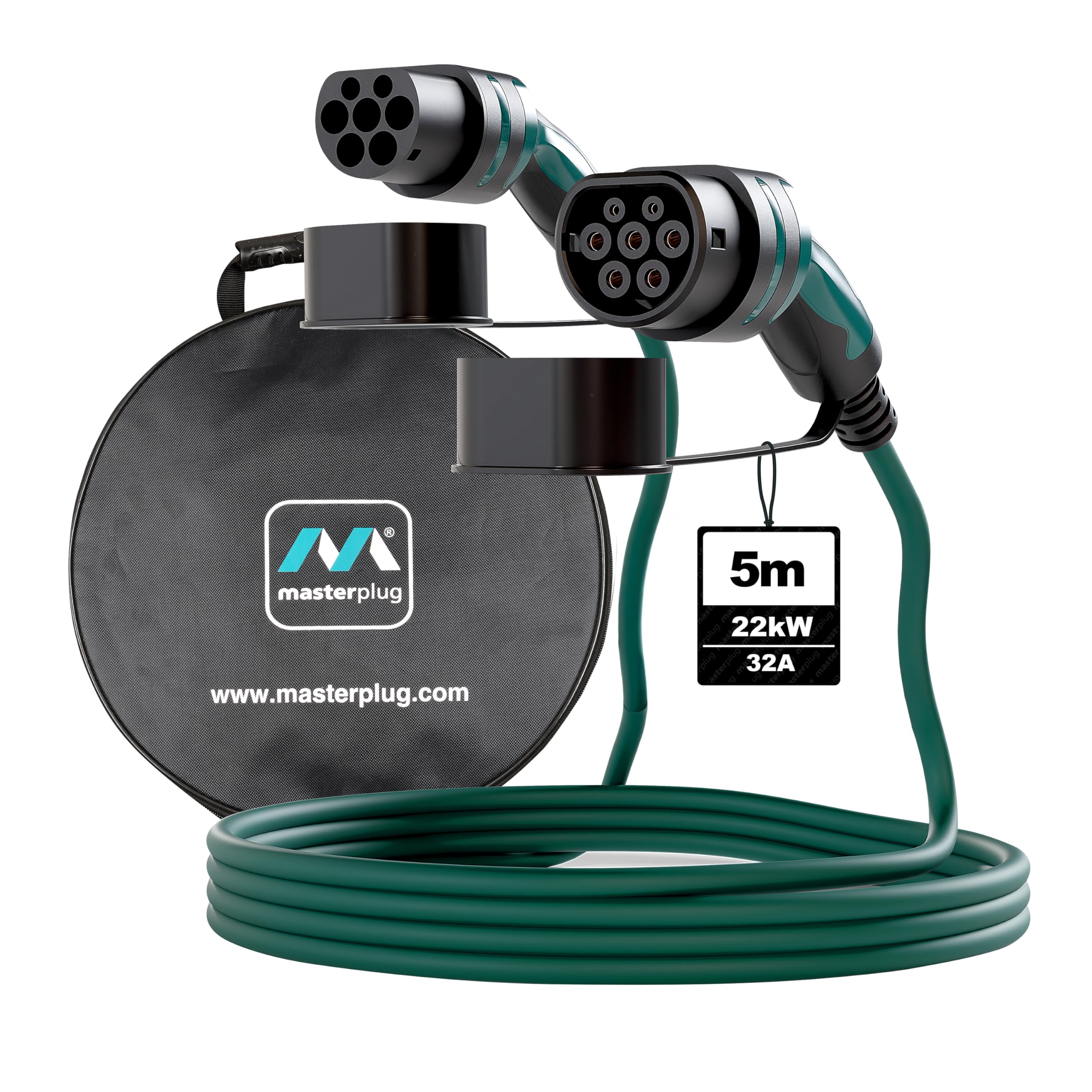 Masterplug Cable de Carga Rápida para VE Modo 3 con Estuche de Transporte, Vehículo Eléctrico e Híbrido Enchufable Tipo 2 a Tipo 2, Trifásico, Cable de 5 Metros, 22kW, 32A, EVC22325TL/CASE