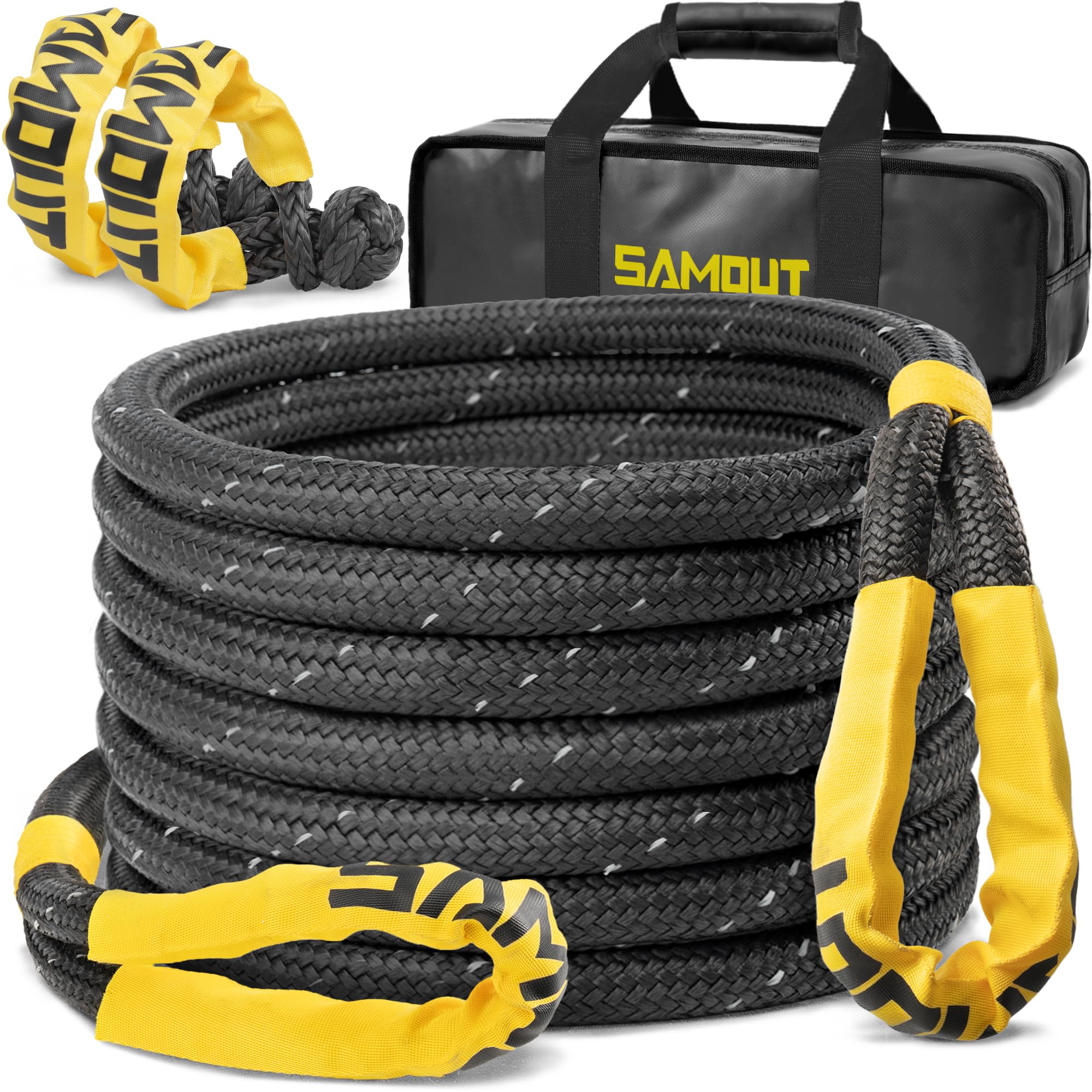 Kinetic Reflective Recovery Rope (48000Lbs 1in x 30ft), Extreme Duty 30% Elasticity Energy Snatch Strap for 4x4 Offroad Vehicle (1in * 30ft Recovery Rope with Soft Shackle)