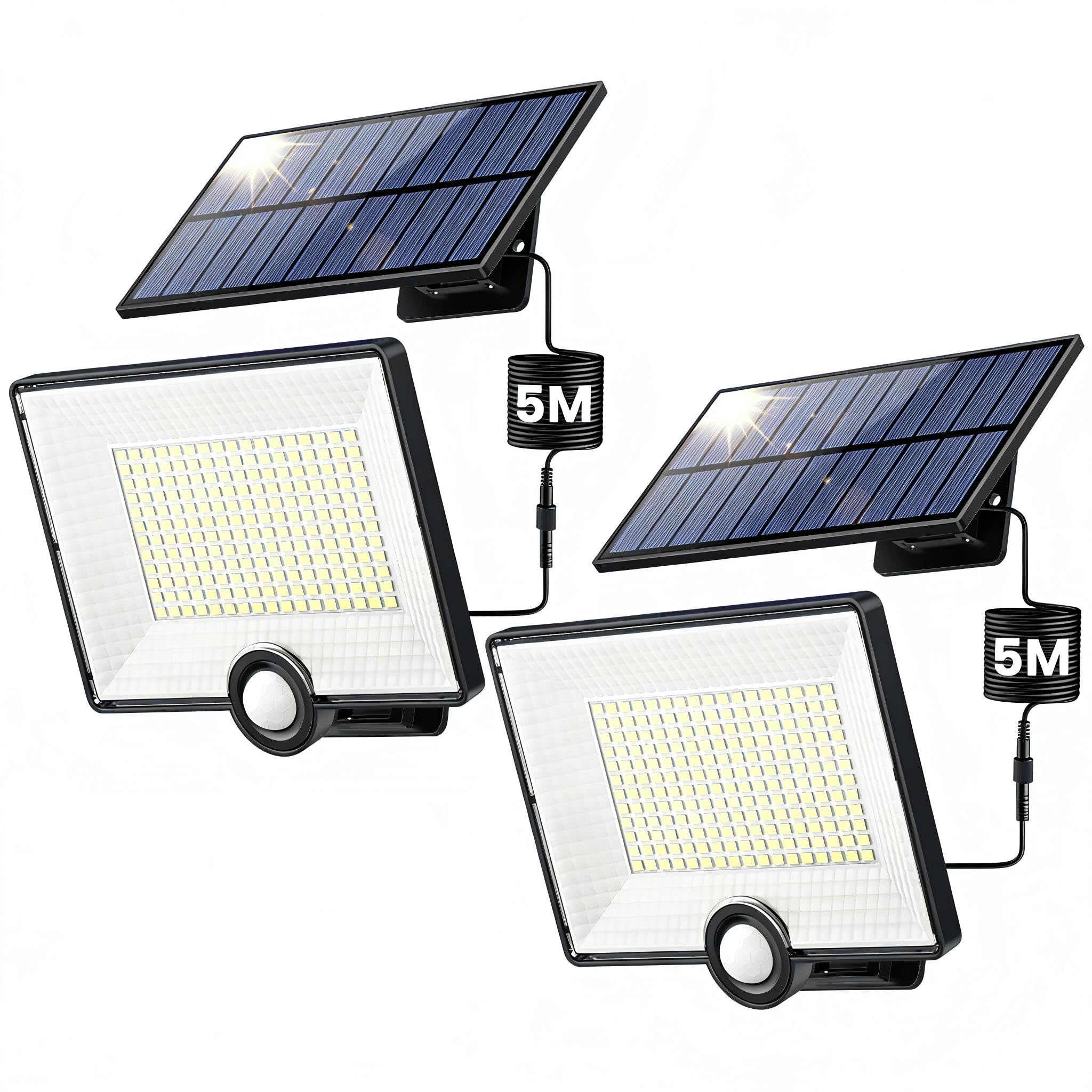 Lampada Solare da Esterno, Faretto Led da Esterno con Sensore di Movimento, 204LED 3 Modes Luce Solare Led Esterno con Pannello Solare IP65 Impermeabile, Lampioni Luci Solari con 5M Cavo-2 Pezzi