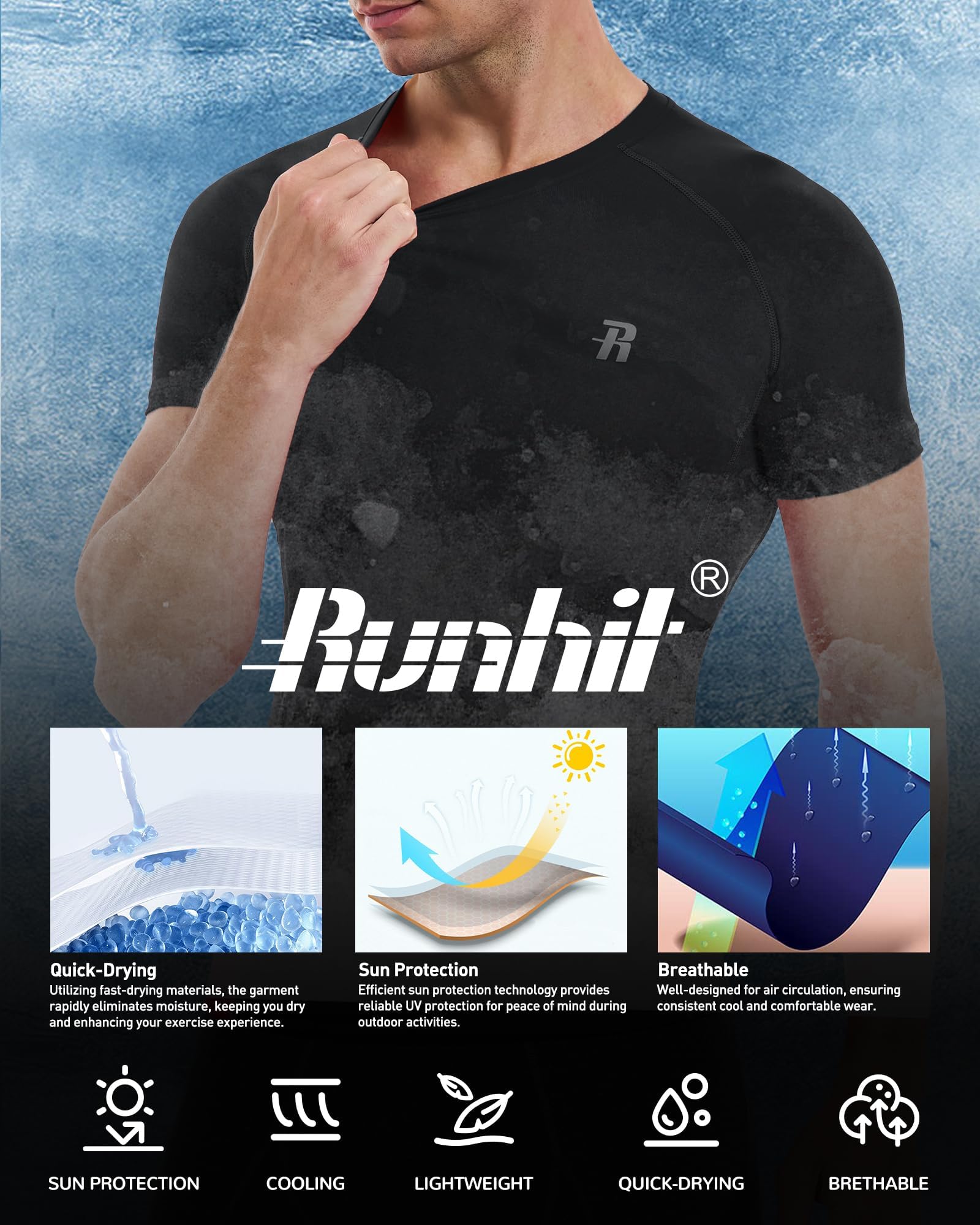 Runhit Paquete de 2 camisetas de compresión para hombre, manga corta, fresca, para entrenamiento, atletismo, capa base, camiseta interior