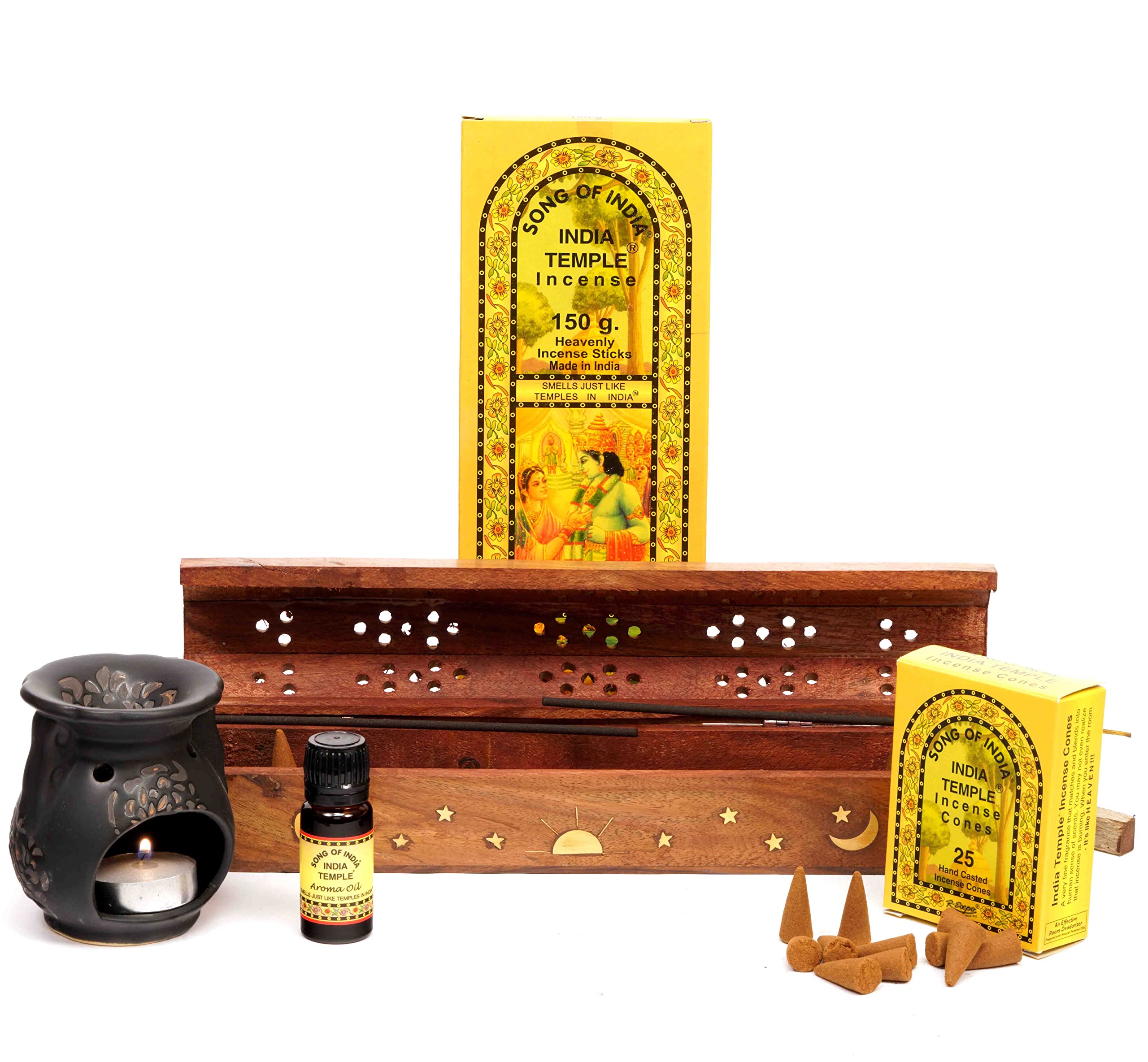 Song of India - India Temple Gift Set #10 | Natural Incense Cones & Sticks, Aroma Oil, Ceramic Oil Burner, Coffin Box Incense Burner | Wellness, Meditation, Yoga, Relaxation, Spiritual, Aromatherapy