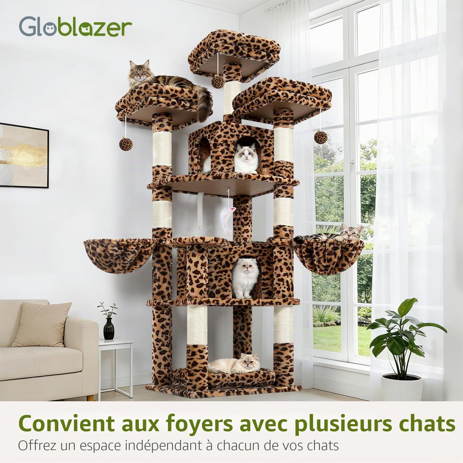 Globlazer Arbre a Chat Léopard 174 cm avec 3 Perchoirs Rembourrés, 2 Niches, 2 Paniers, Amovible Chouchou Lit, Poteau en Sisal, Stable Château Arbres a Chats pour 2-4 Chats Intérieur (F68B, Léopard)
