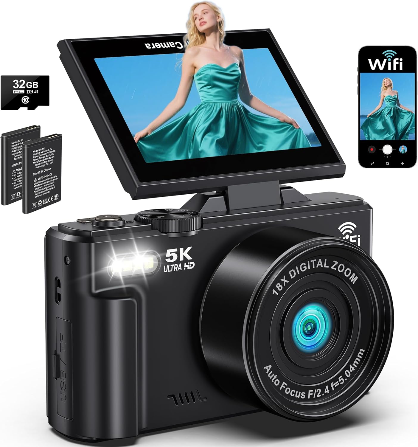 Digital Cameras for Photography – 5K 75MP Vlogging Camera for YouTube WiFi – UHD Autofocus Vlog Camera 3″ 180° Flip Screen with 18X Zoom – Travel YouTube with 32GB SD Card, 2 Batteries