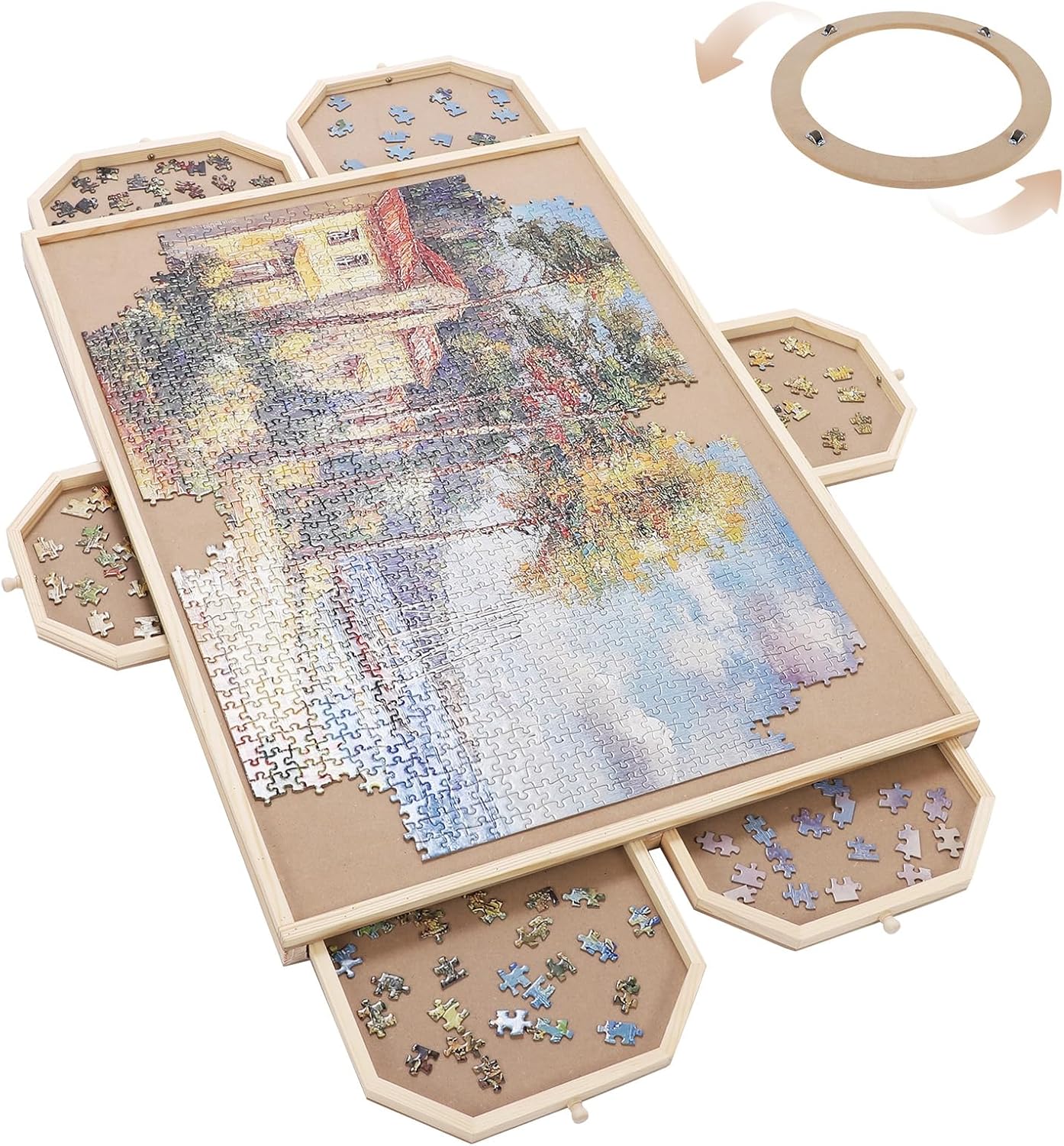 Rotating Jigsaw Puzzle Board with 6 Drawers and Cover, 30 "x 22" Wooden Puzzle Table for Puzzle Storage and Sorting, Portable Puzzle Enlightenment Board for Adults and Kids - 1000 Piece