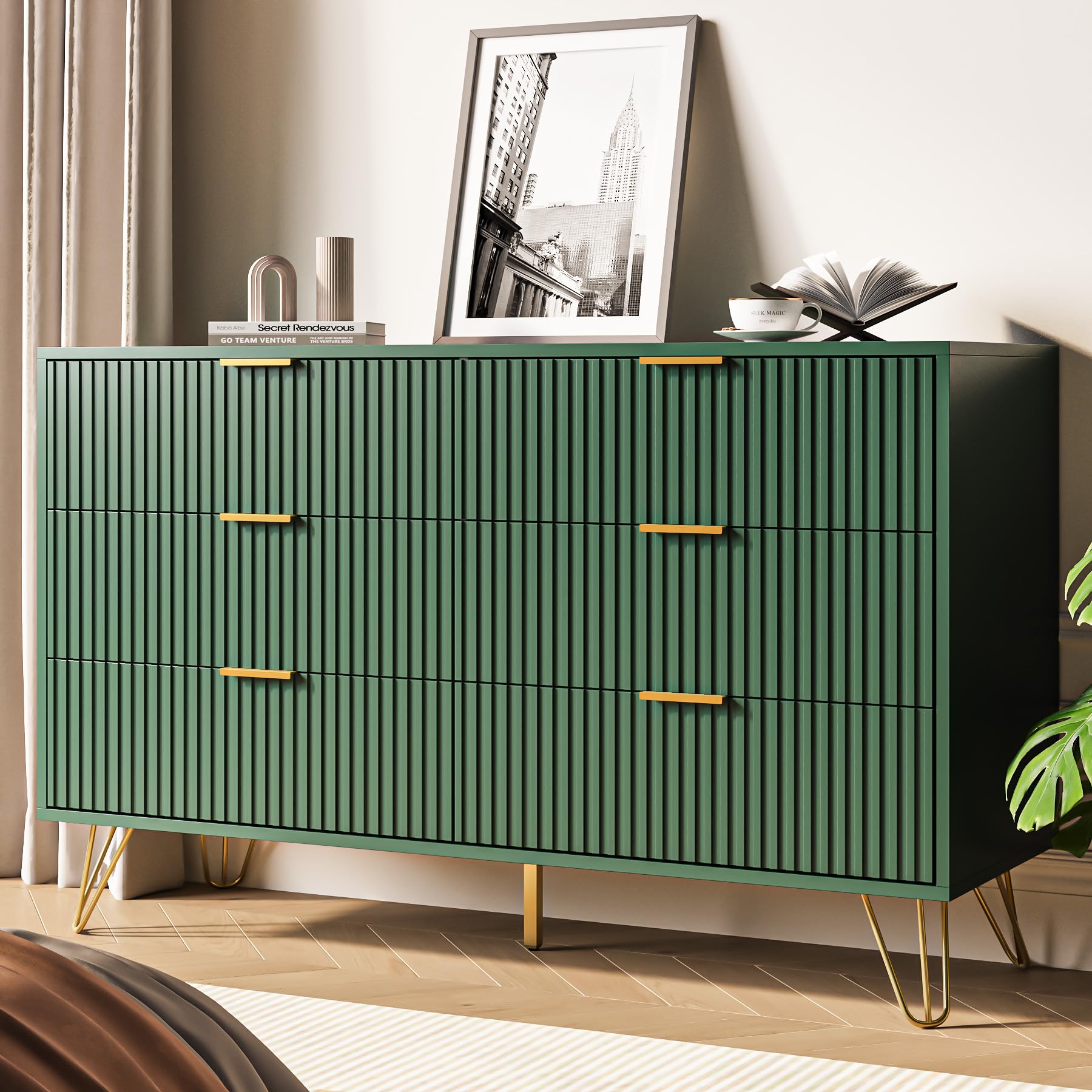 Green Modern Dresser with Gold Handles, 6 Drawers