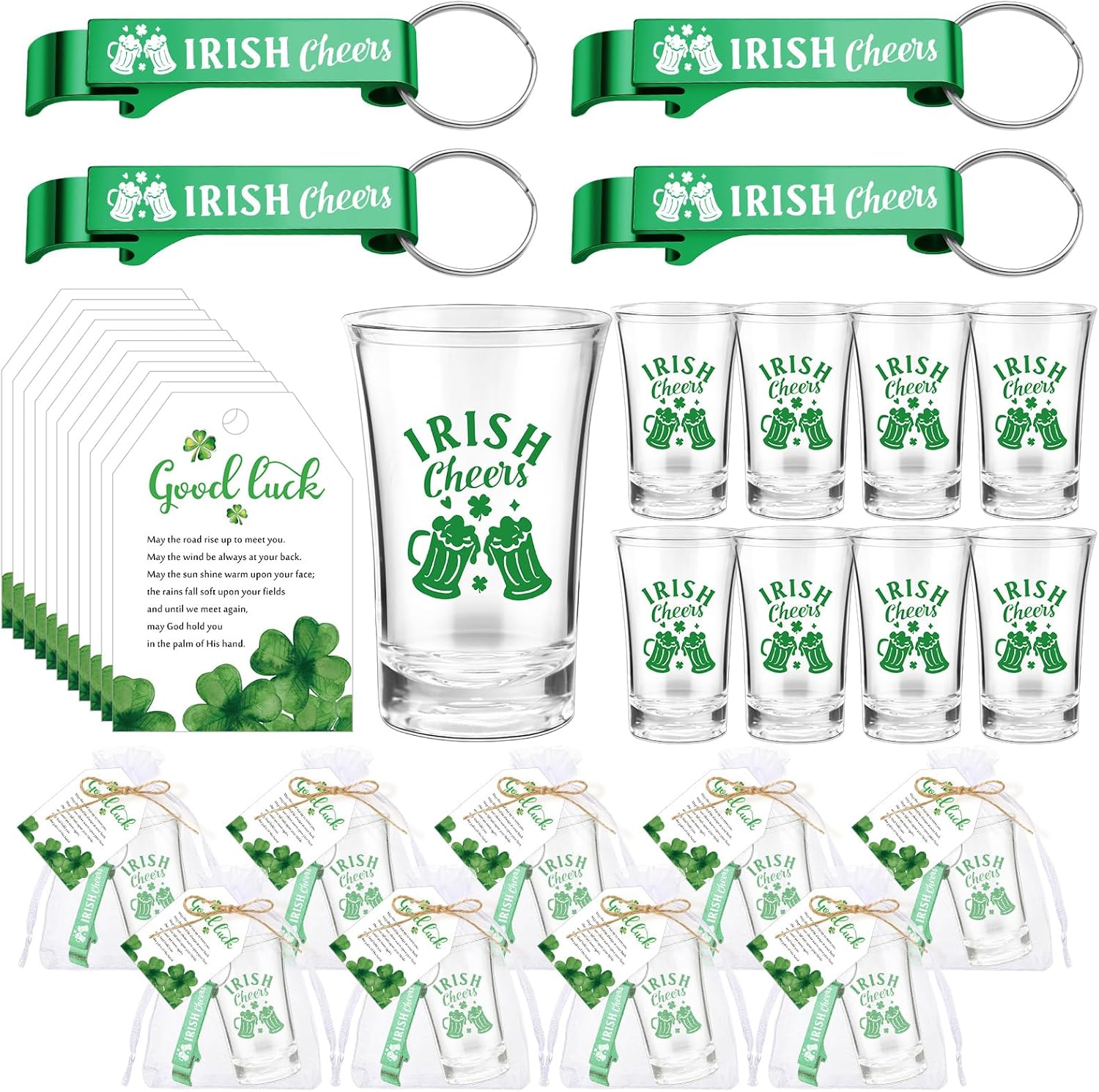 Roshtia 36 Sets St Patricks Day Gifts for Guests Bulk Irish Cheers Shot Glasses Bottle Opener Keychain with Good Luck Card and Organza Bag St Patricks Day Favors for Friend Coworker (Acrylic)