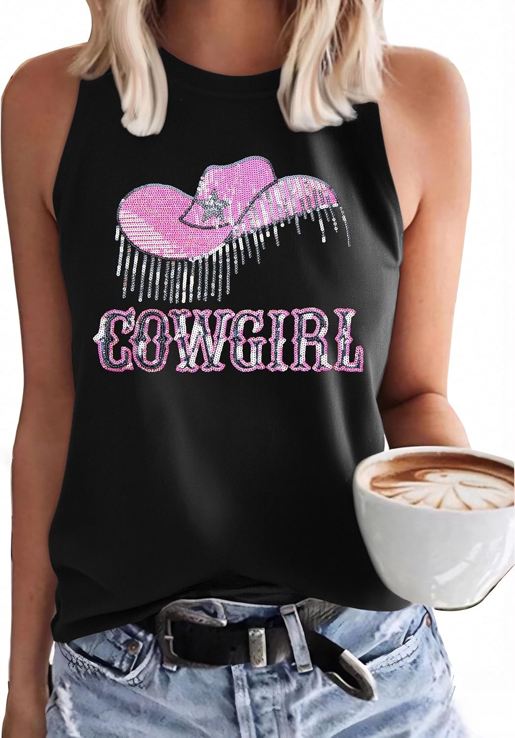 ASTANFY Western Tank Tops for Women Cowgirl Tops Sleeveless Country Shirts Summer Vacation Outfits Black XX-Large